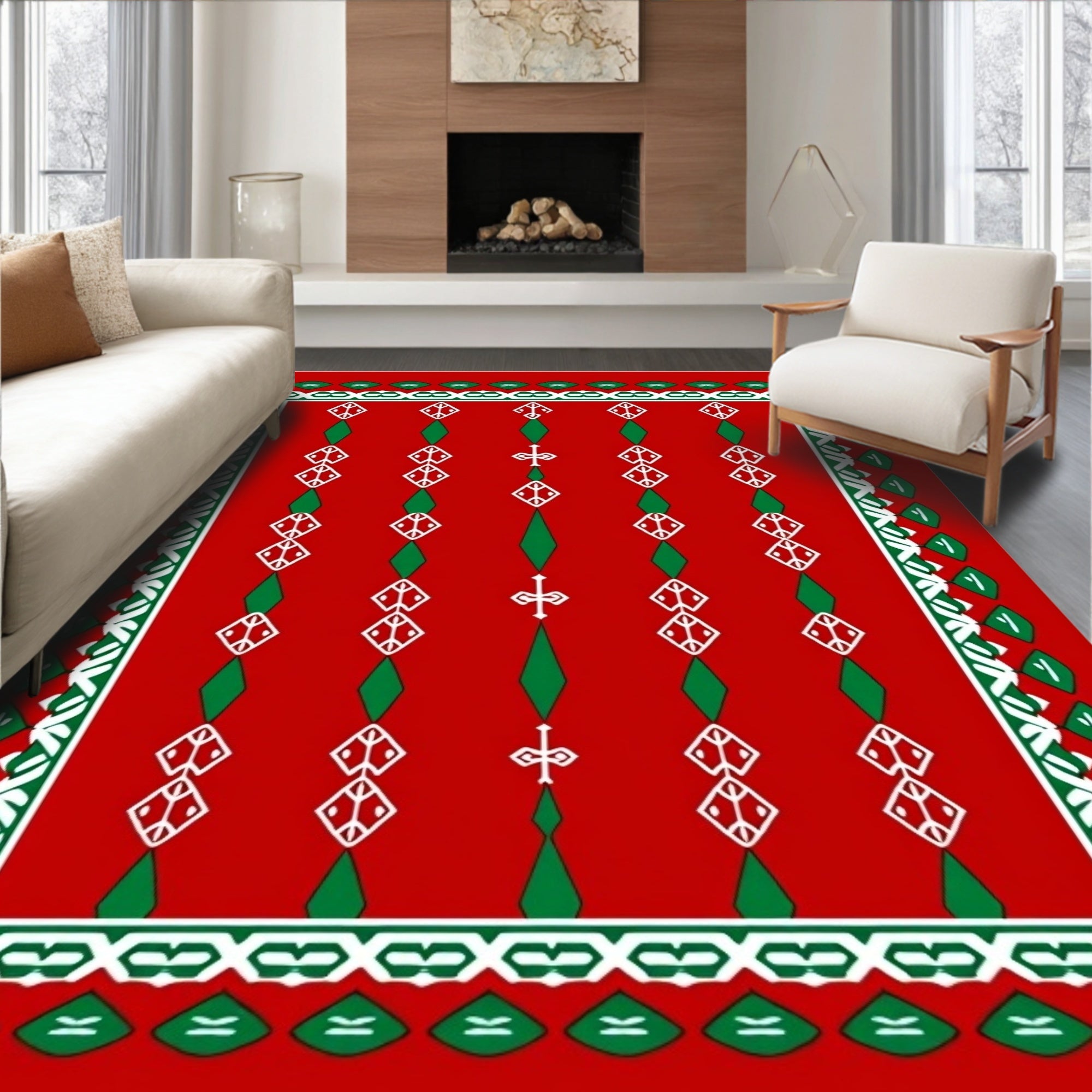 Bold Red White Green Diamond Vertical Rug