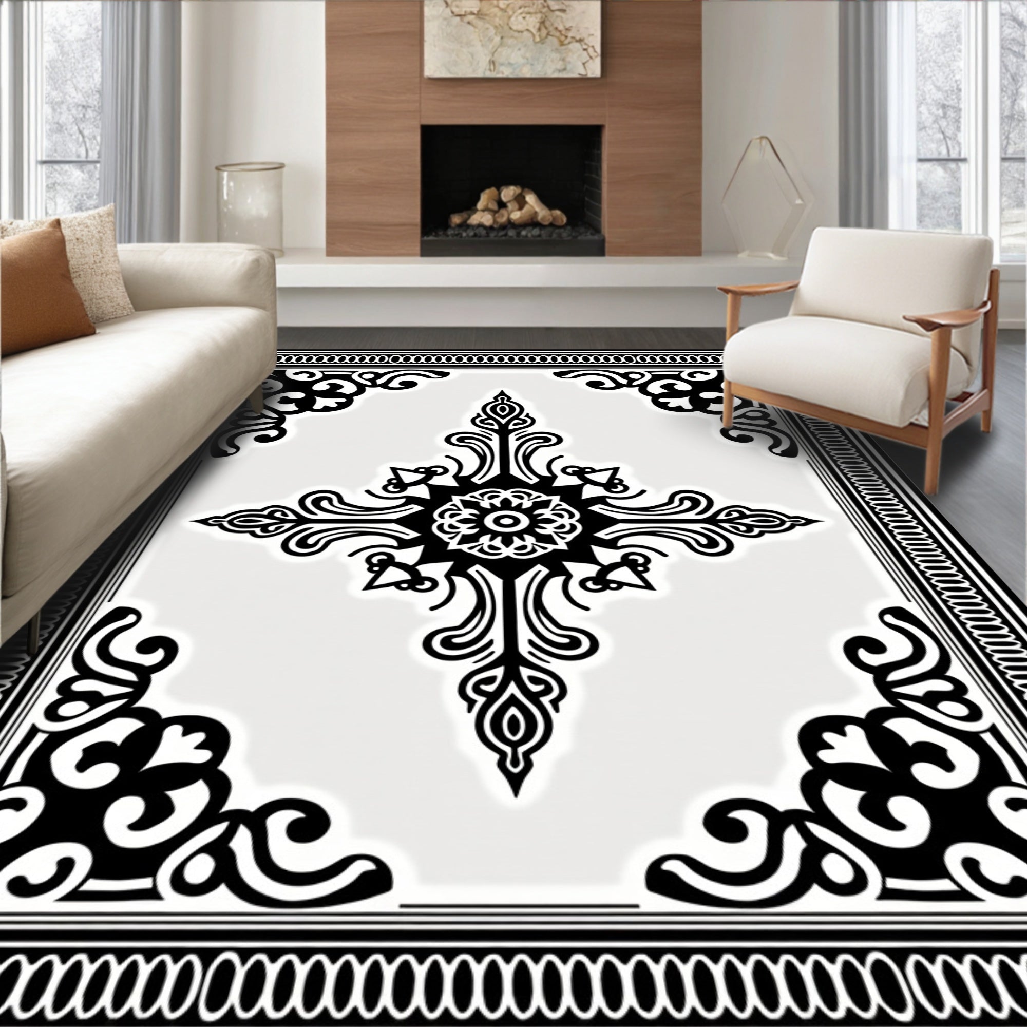 Black and White Ornate Medallion Rug