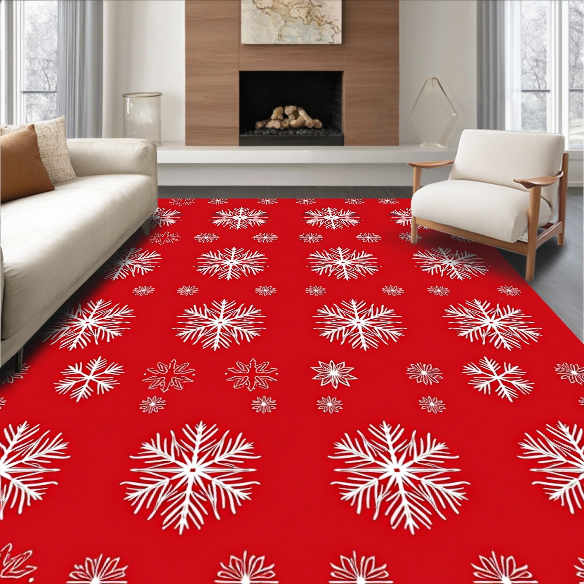 Festive Red White Snowflake Collage Rug