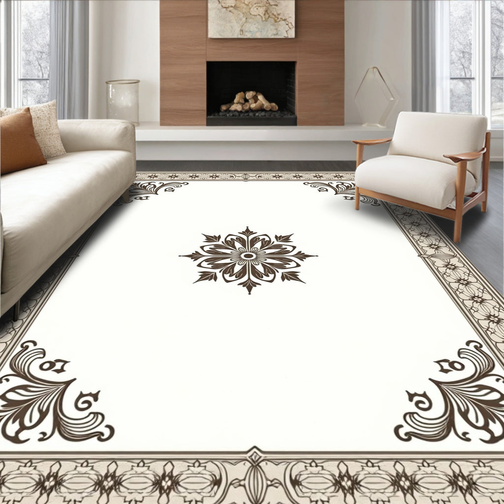 Ornate Brown Floral Border Medallion Rug