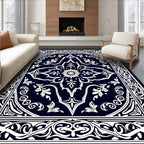 Classic Navy White Floral Medallion Rug