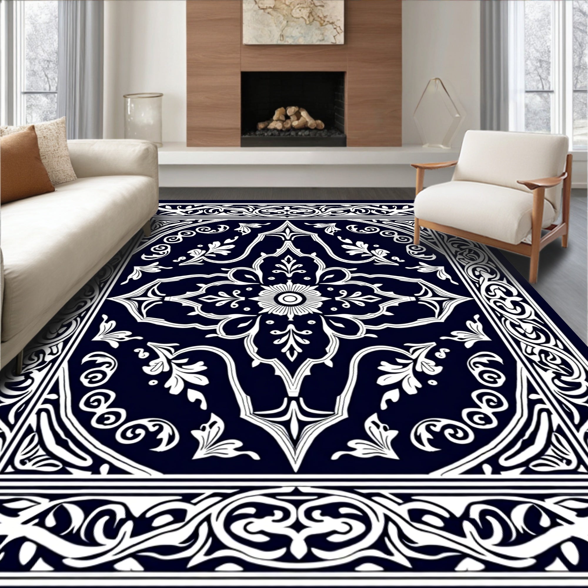 Classic Navy White Floral Medallion Rug