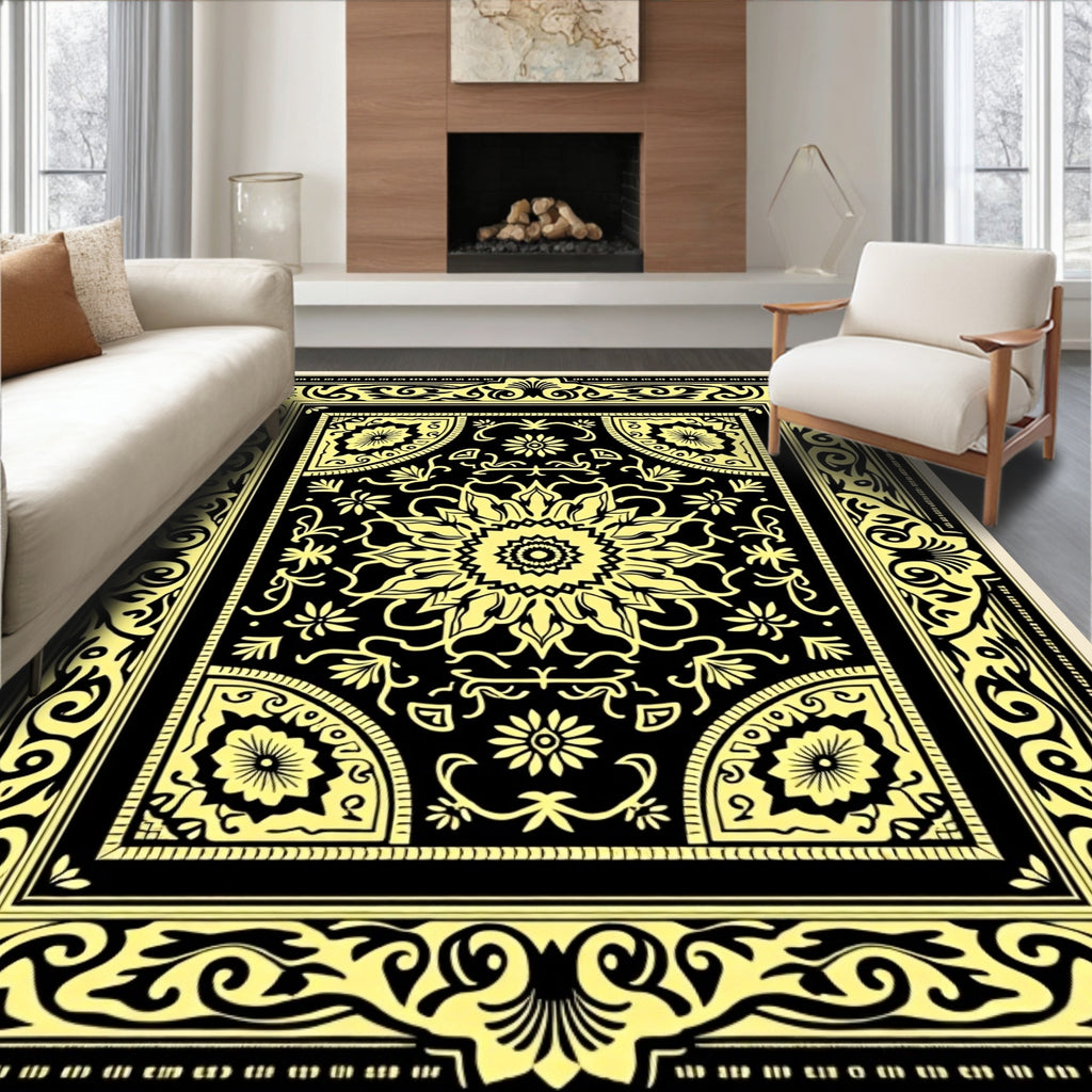 Black Yellow Floral Medallion Border Rug