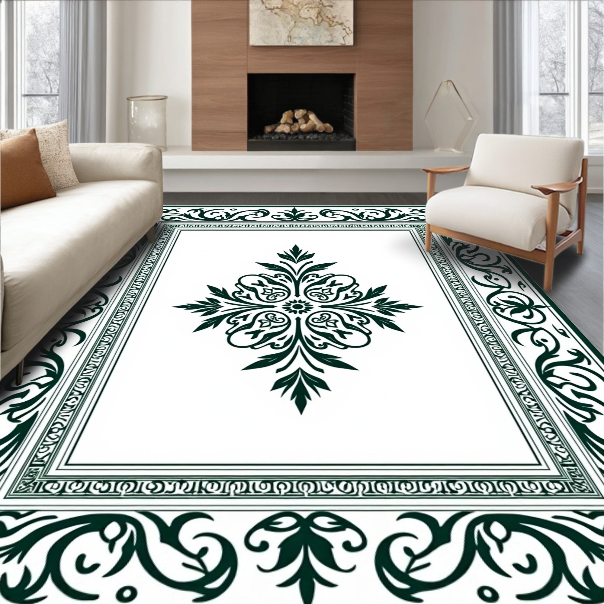 Dark Green Floral Central Medallion Border Rug