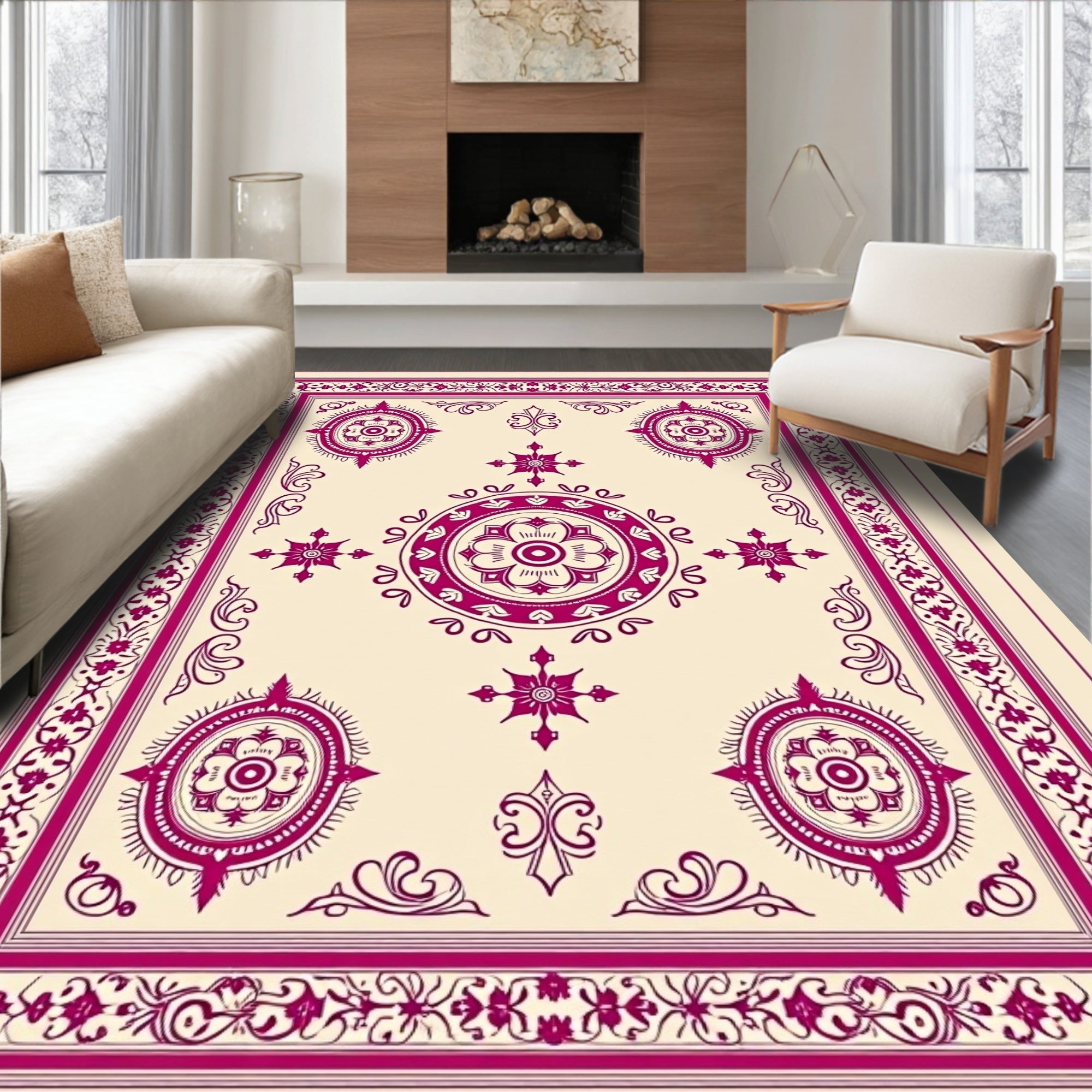 Ornate Fuchsia Central Medallion Border Rug