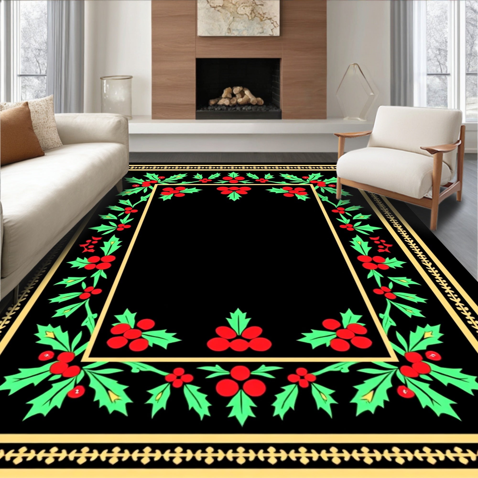 Gold Edged Holly Berry Border Rug