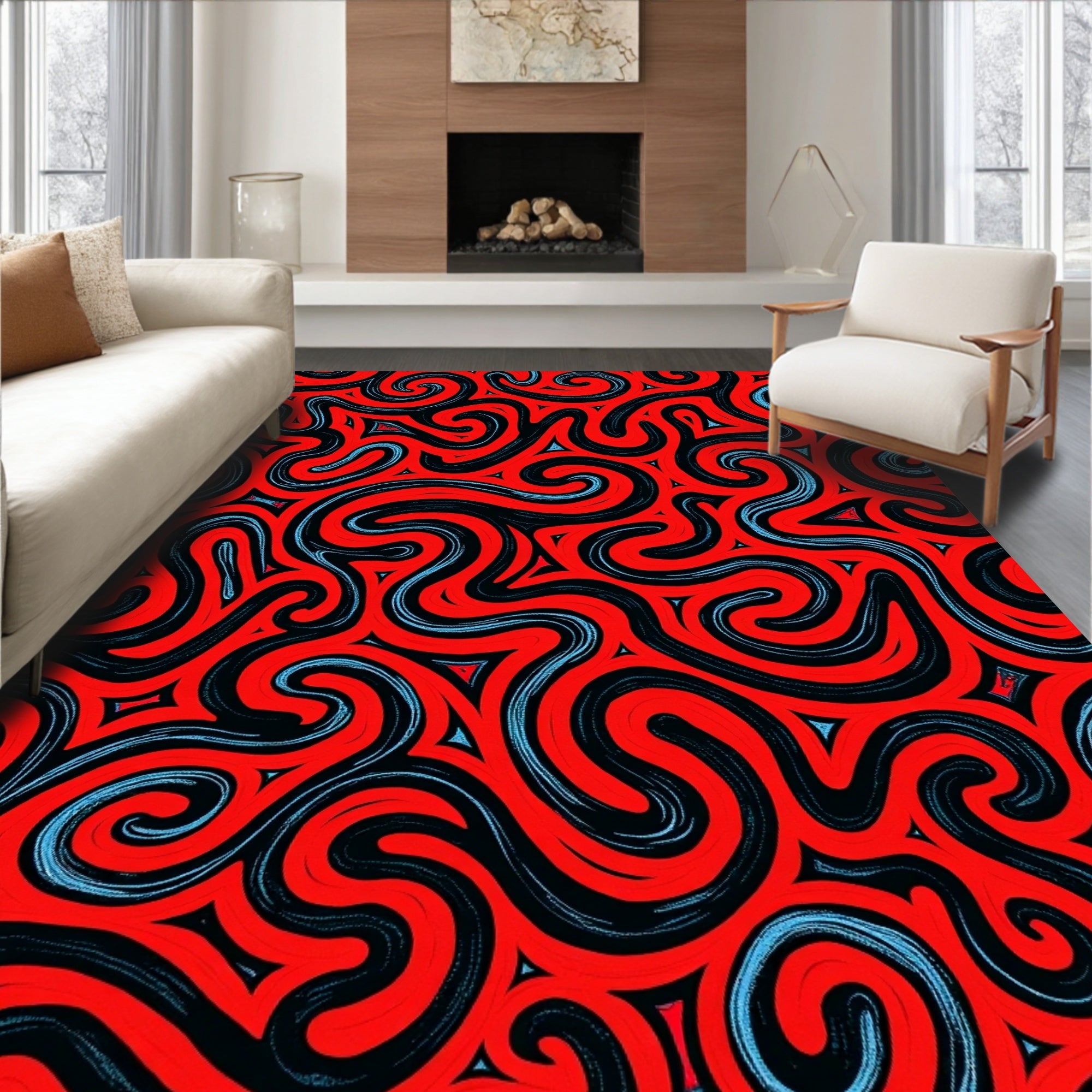Crimson Swirls With Blue Accents Rug