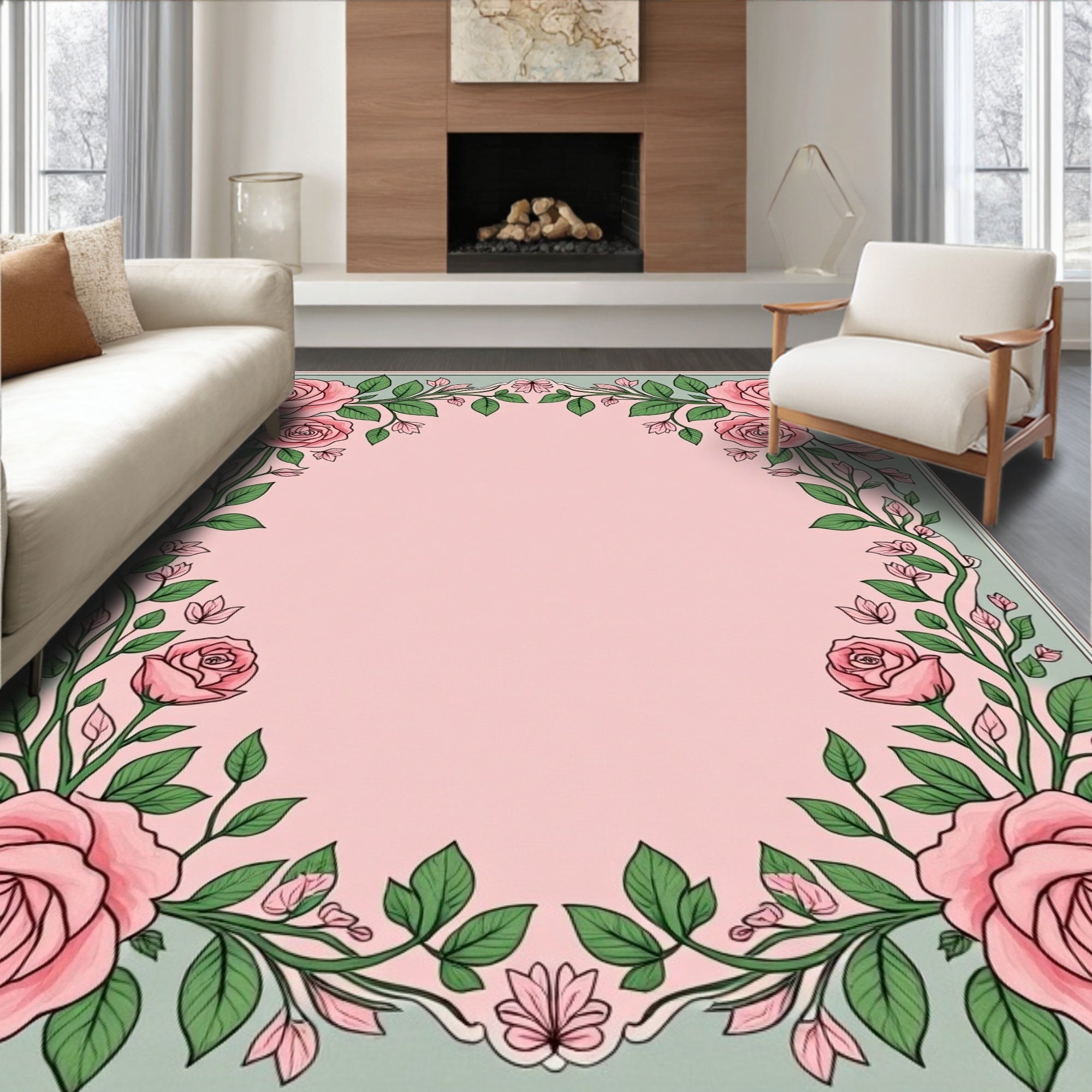 Pink Rose Garland Border Rug
