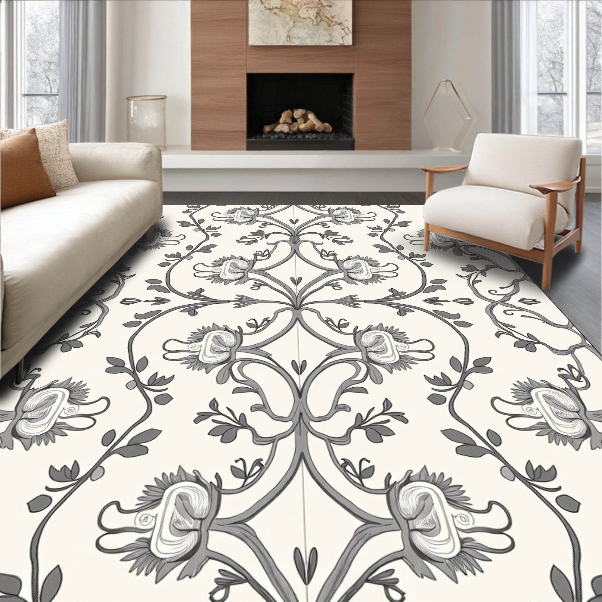 Gray Floral Arch Scroll Rug