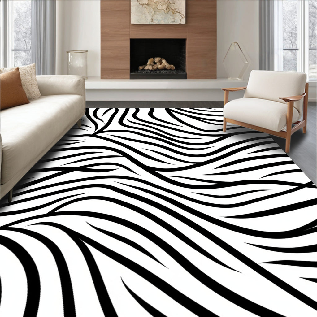 Bold Black White Organic Strokes Rug