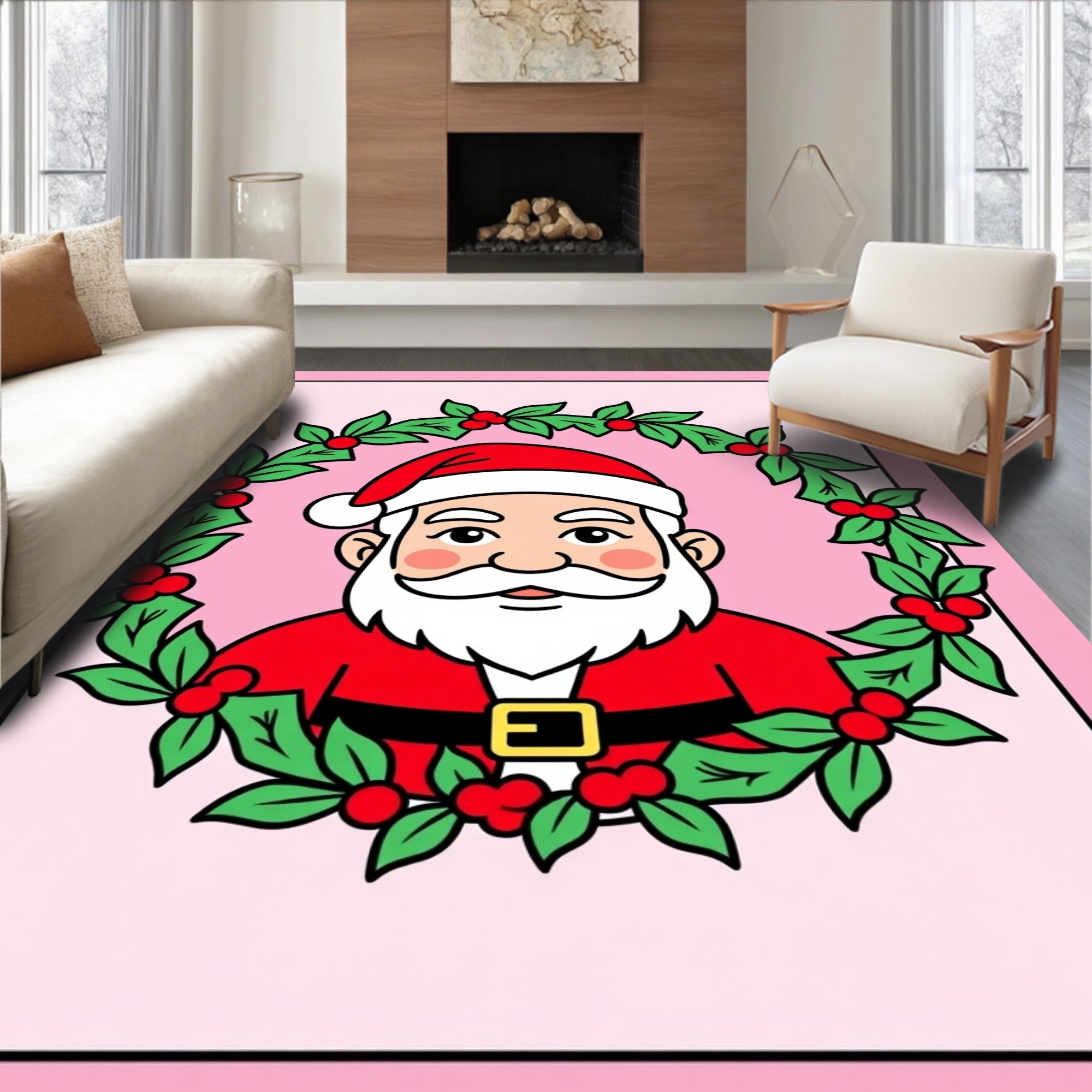 Friendly Santa Claus Holly Wreath Rug