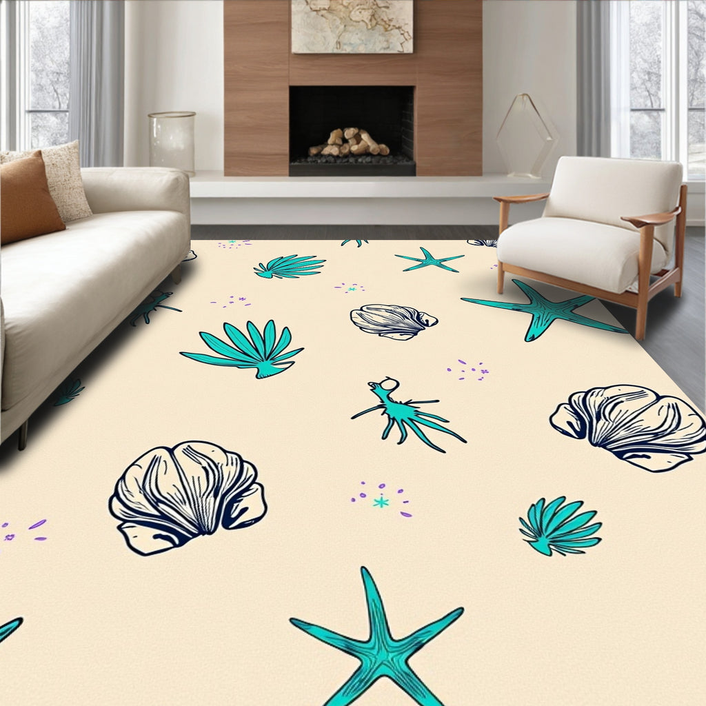 Teal Coastal Shell Starfish Collage Rug