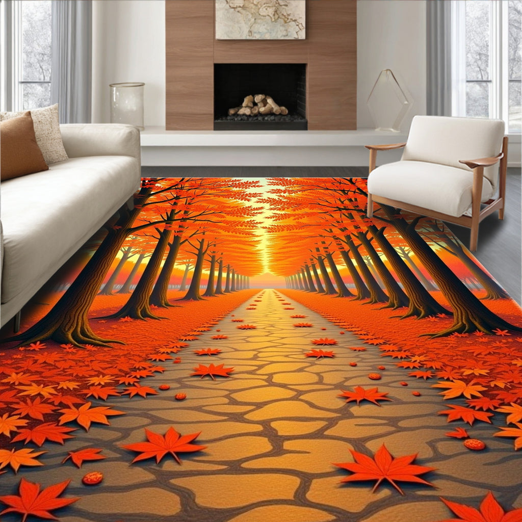 Vibrant Orange Autumn Tree Lined Path Rug