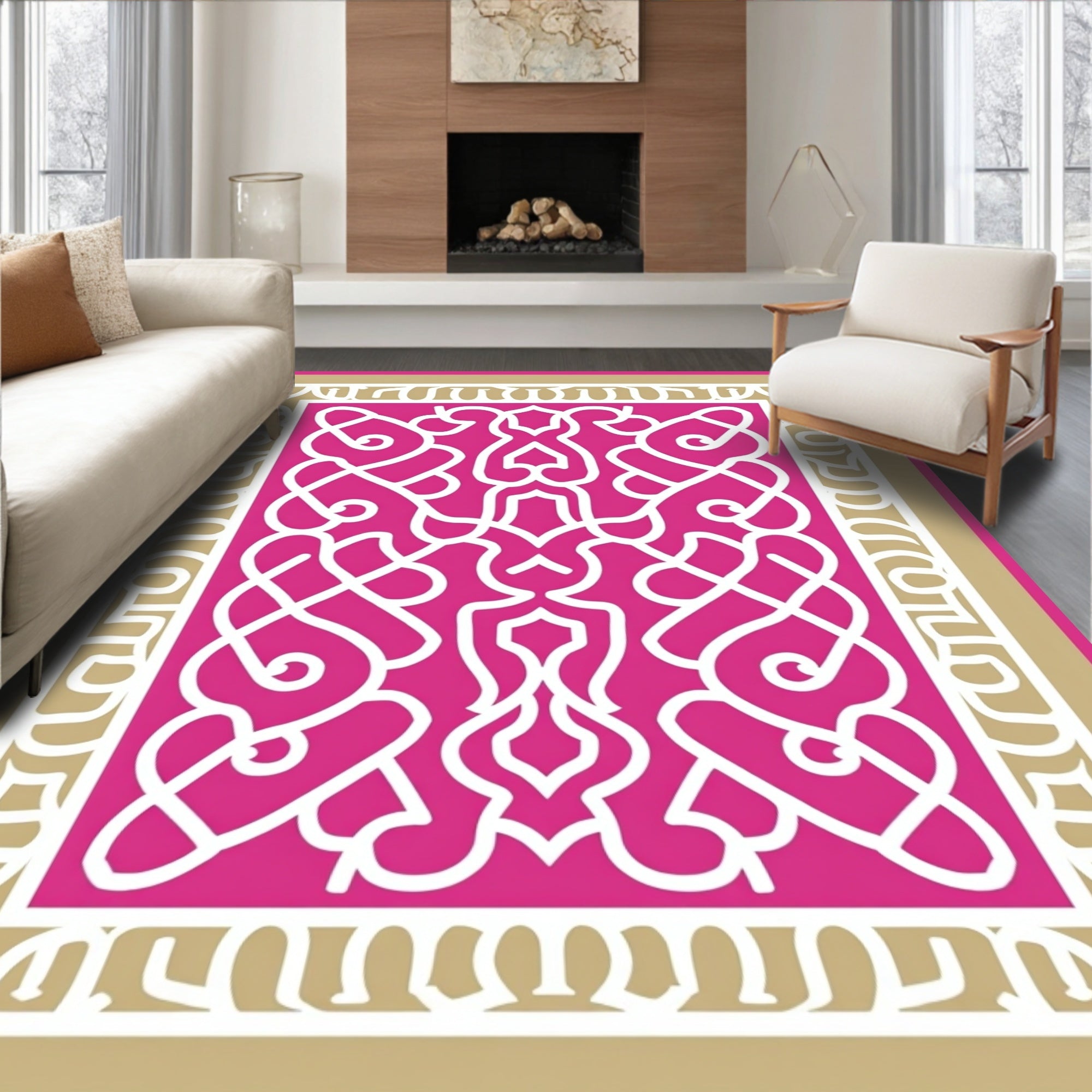 Fuchsia White Intricate Arabesque Frame Rug