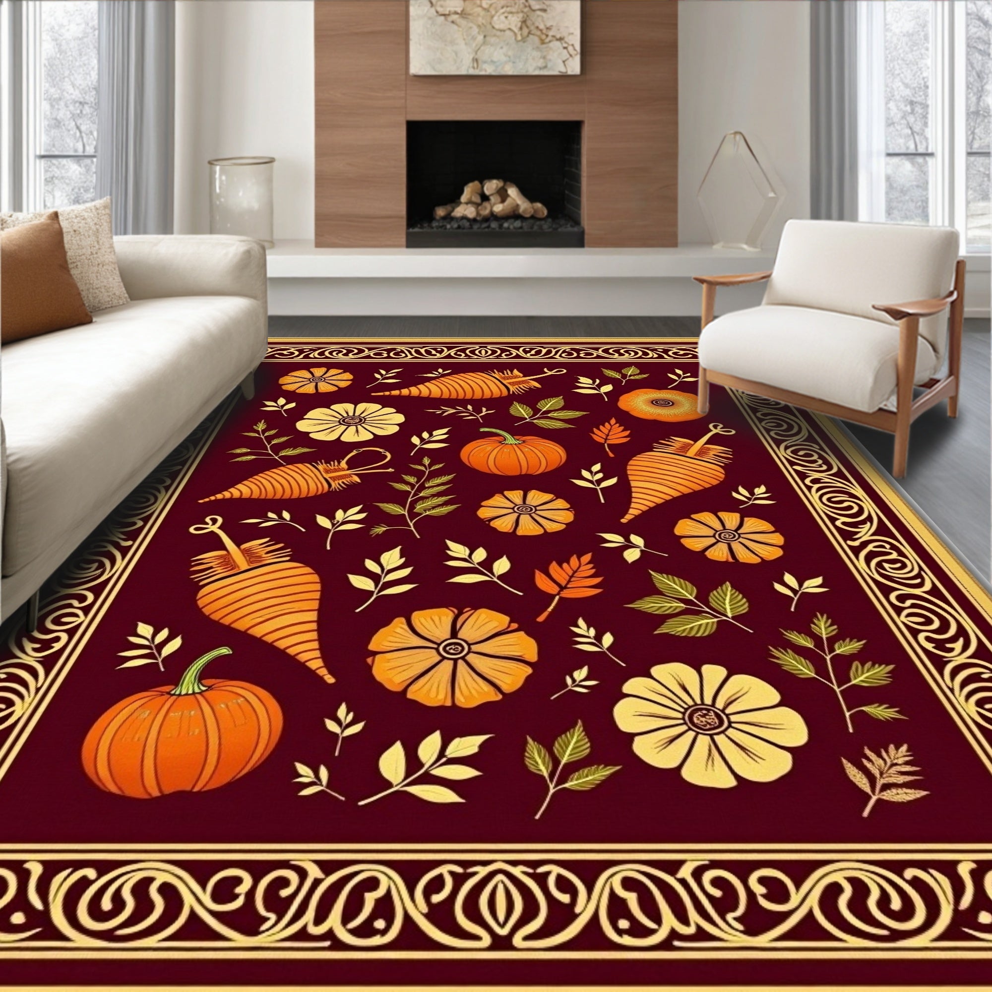 Deep Red Autumn Harvest Botanical Rug
