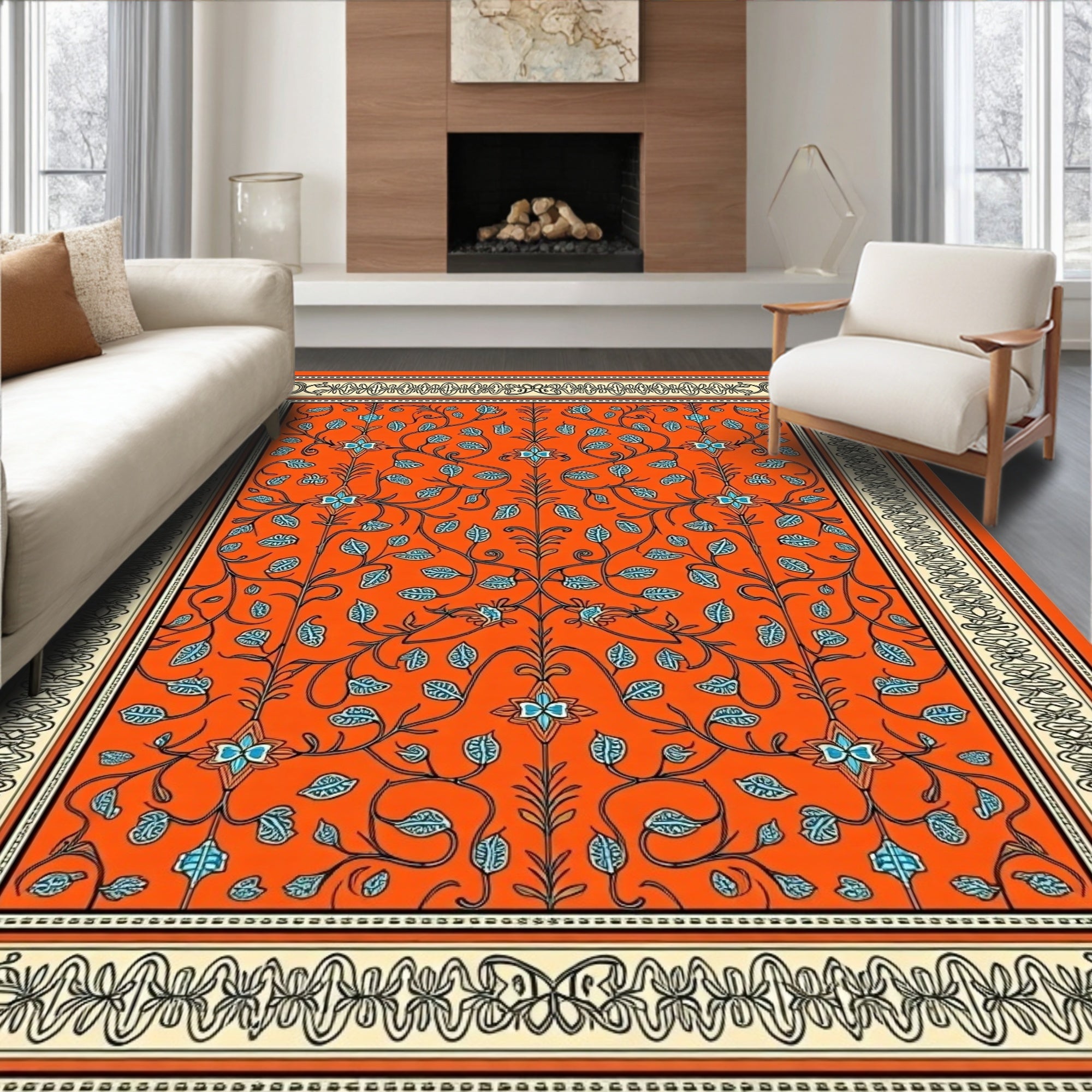 Vibrant Orange Floral Vine Border Rug