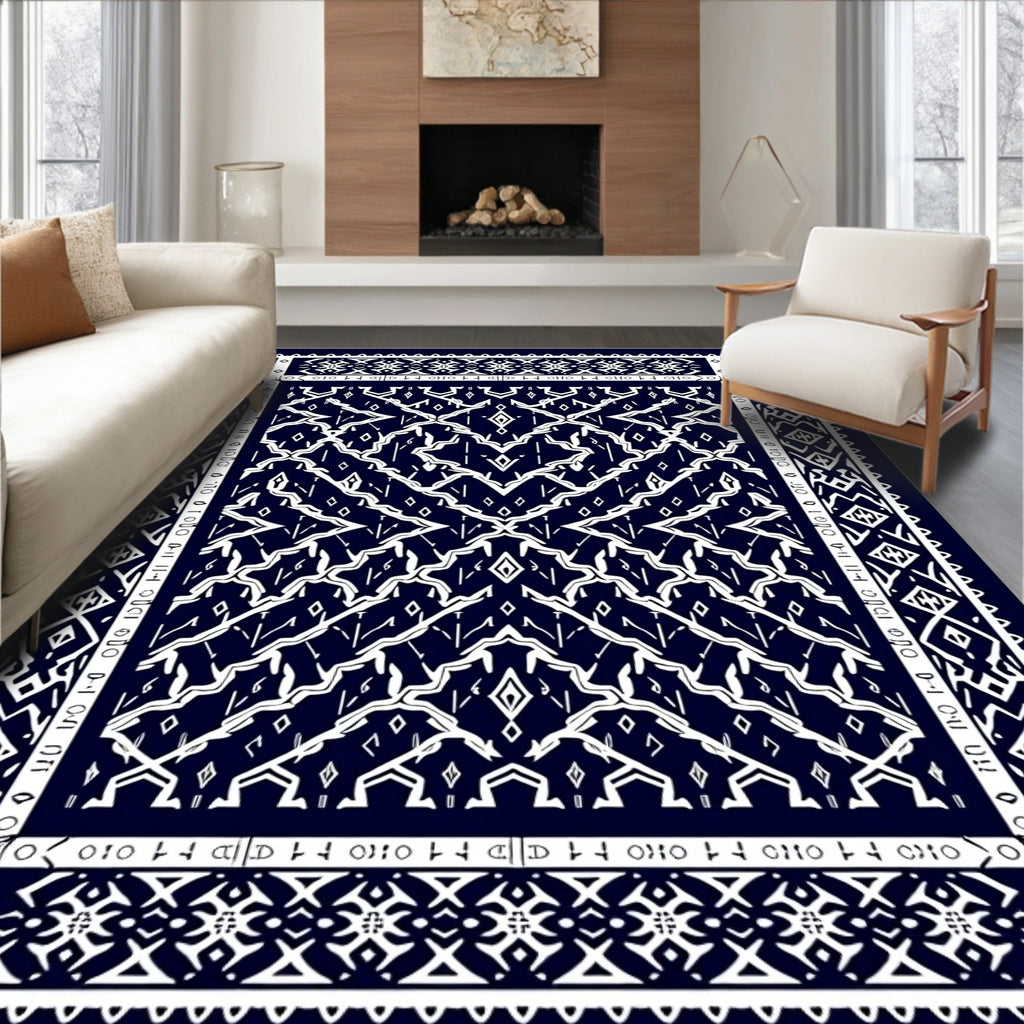 Dark Navy White Geometric Abstract Rug