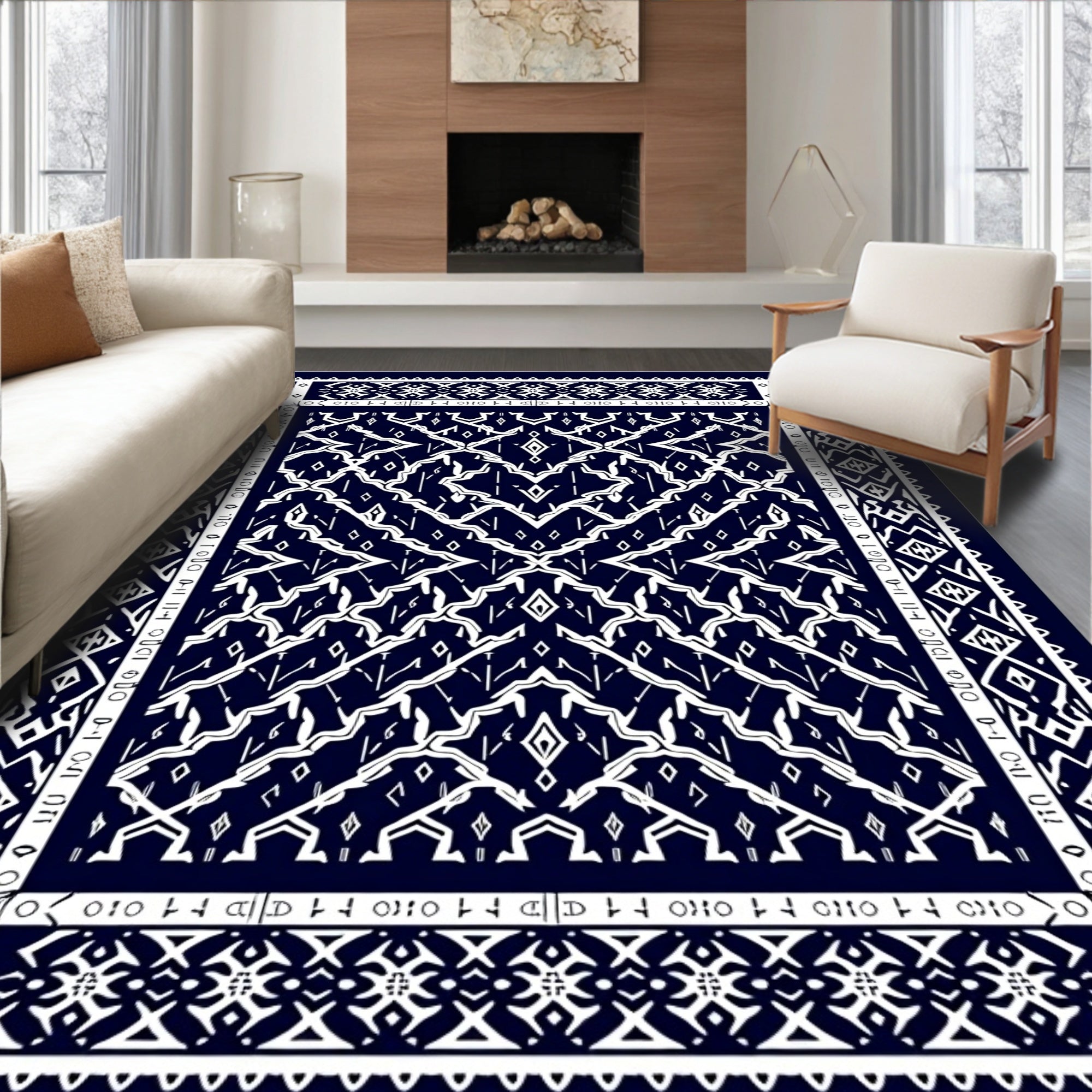 Dark Navy White Geometric Abstract Rug