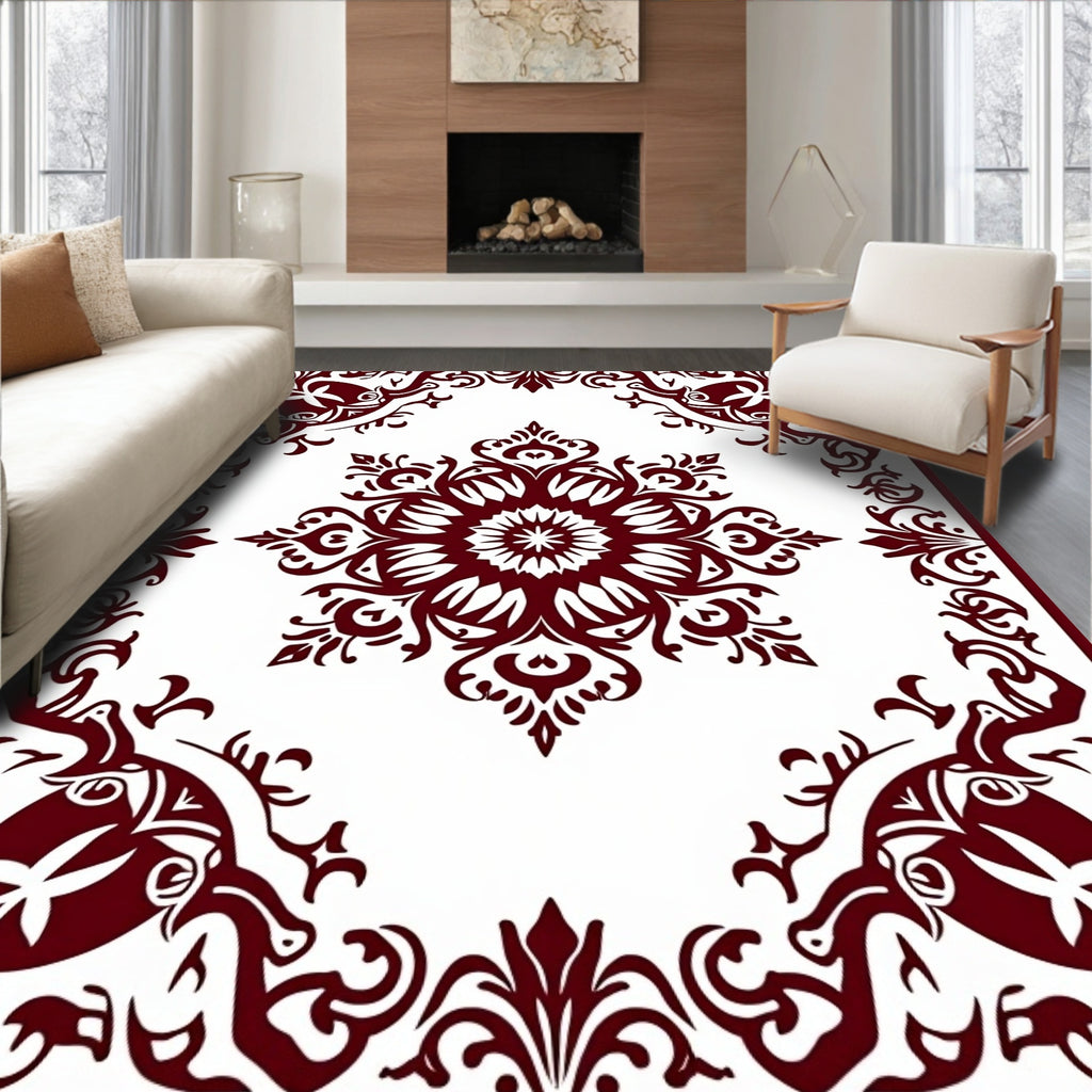 Deep Red Floral Mandala Border Rug