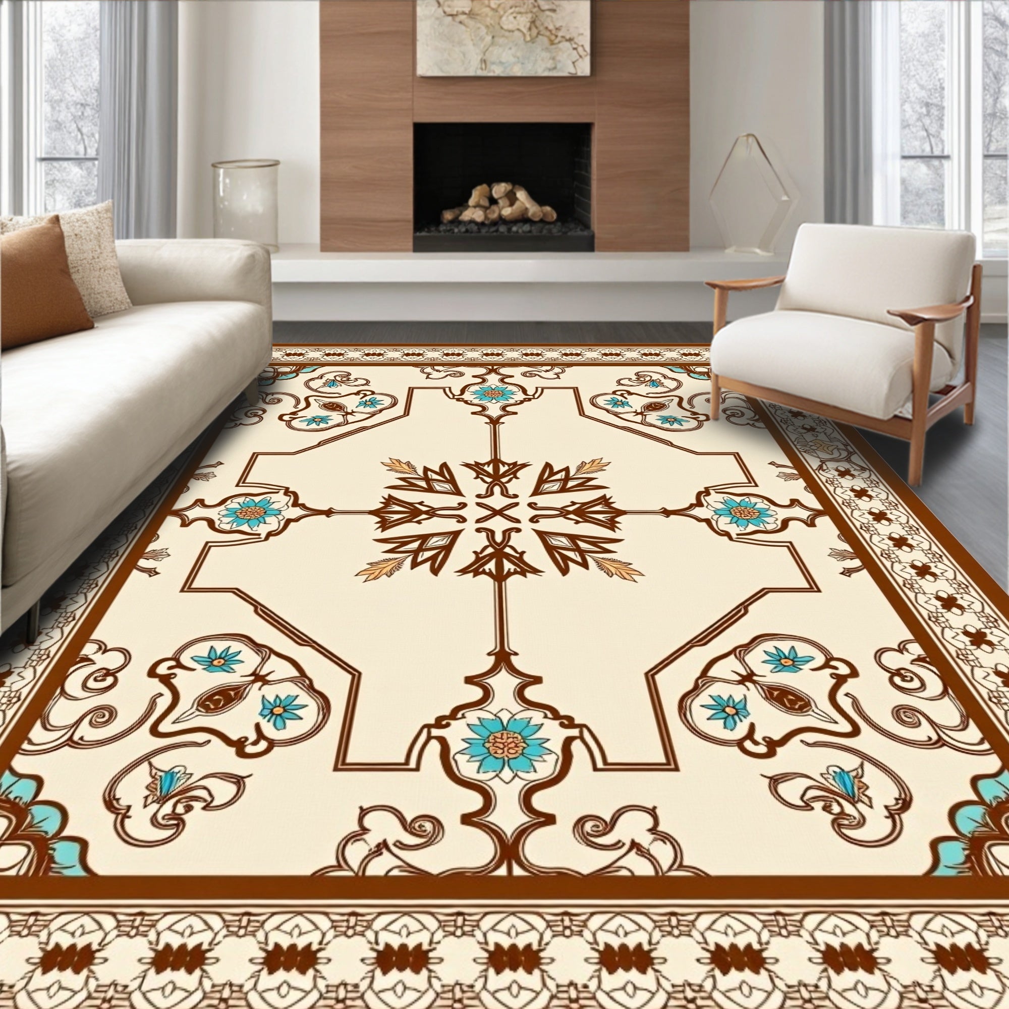 Cream Ornamental Brown Floral Medallion Rug