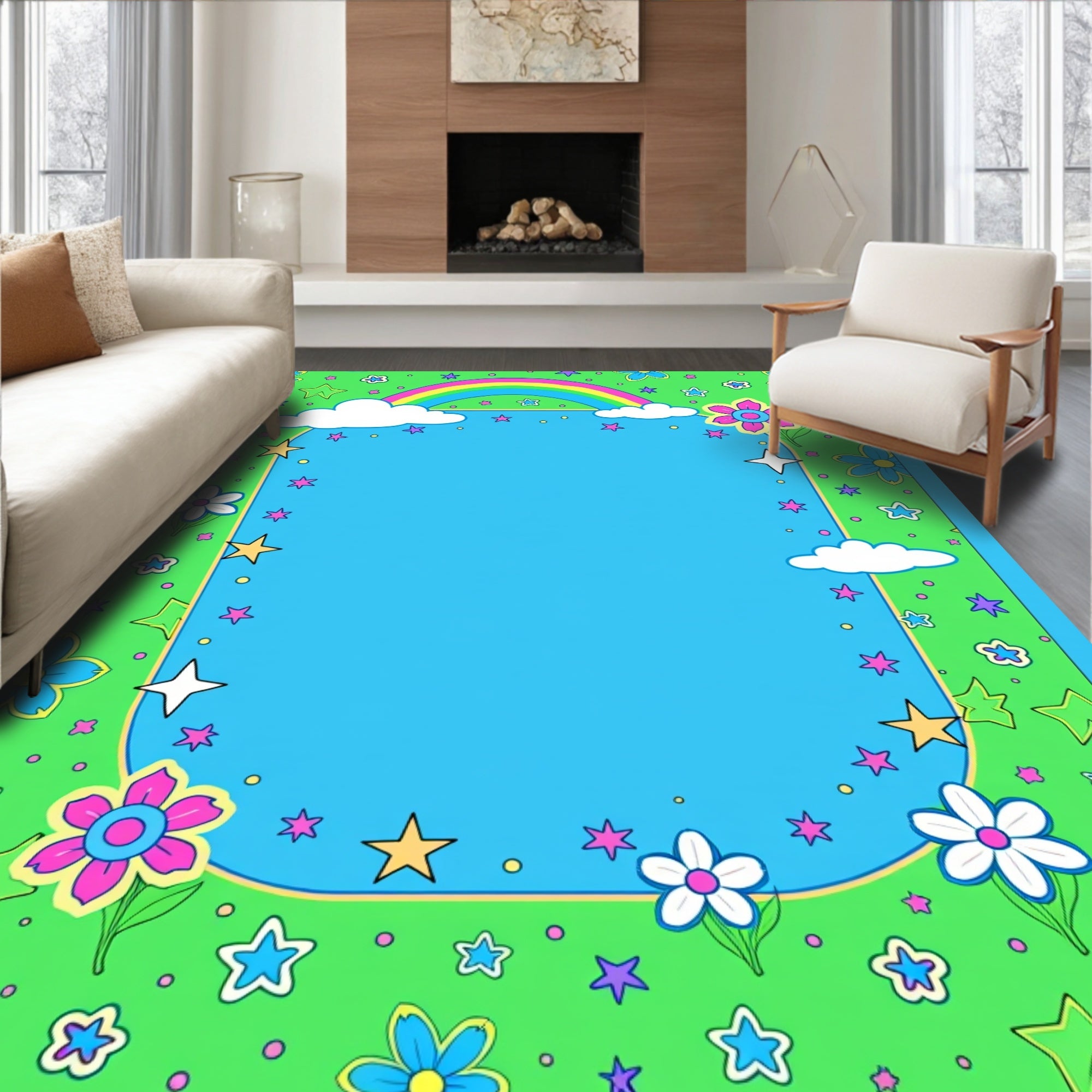 Groovy Rainbow Clouds Floral Stars Rug