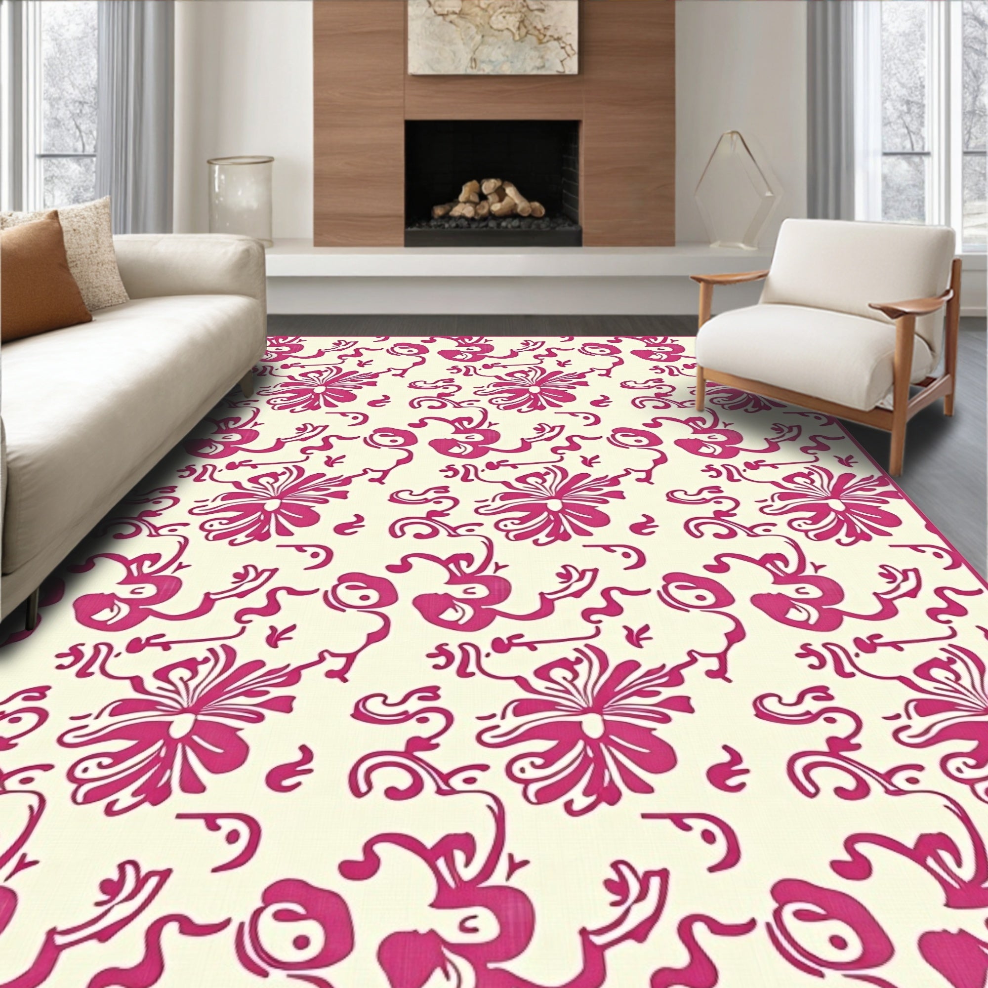 Fuchsia Floral SwirlsCream Area Rug