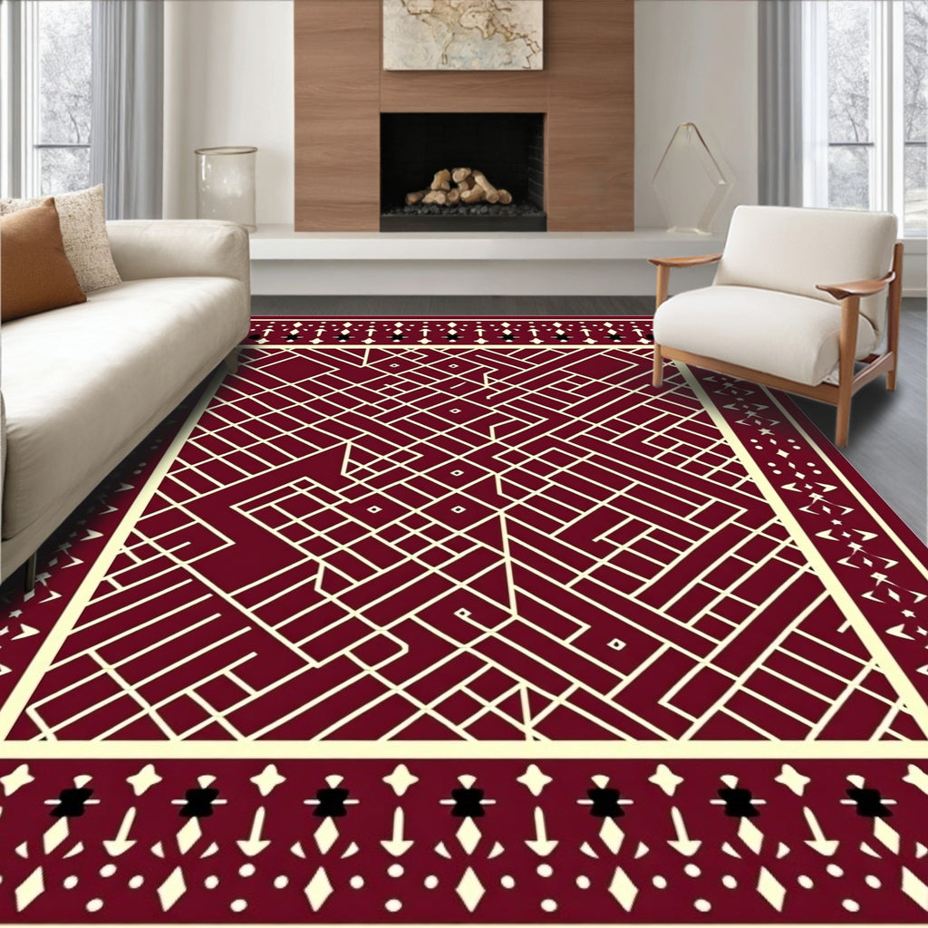 Crimson Geometric Overlay Cream Border Rug