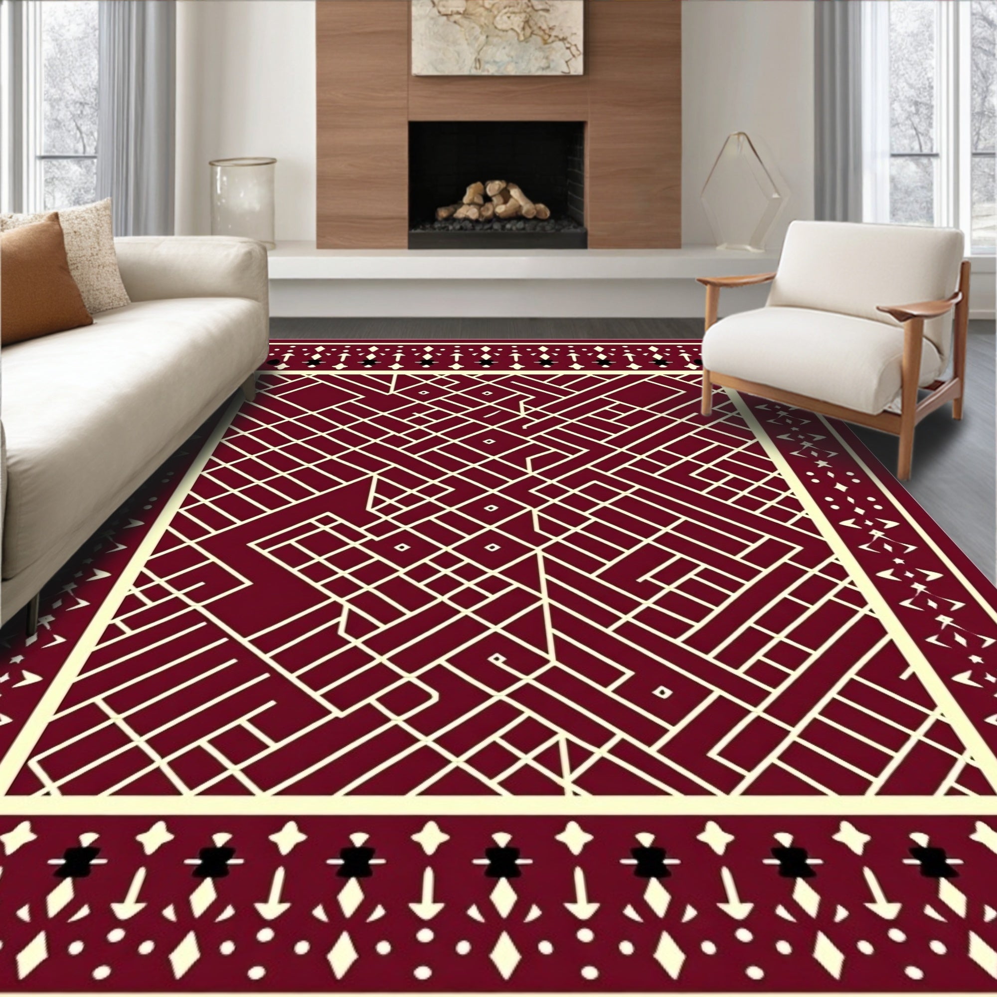 Crimson Geometric Overlay Cream Border Rug