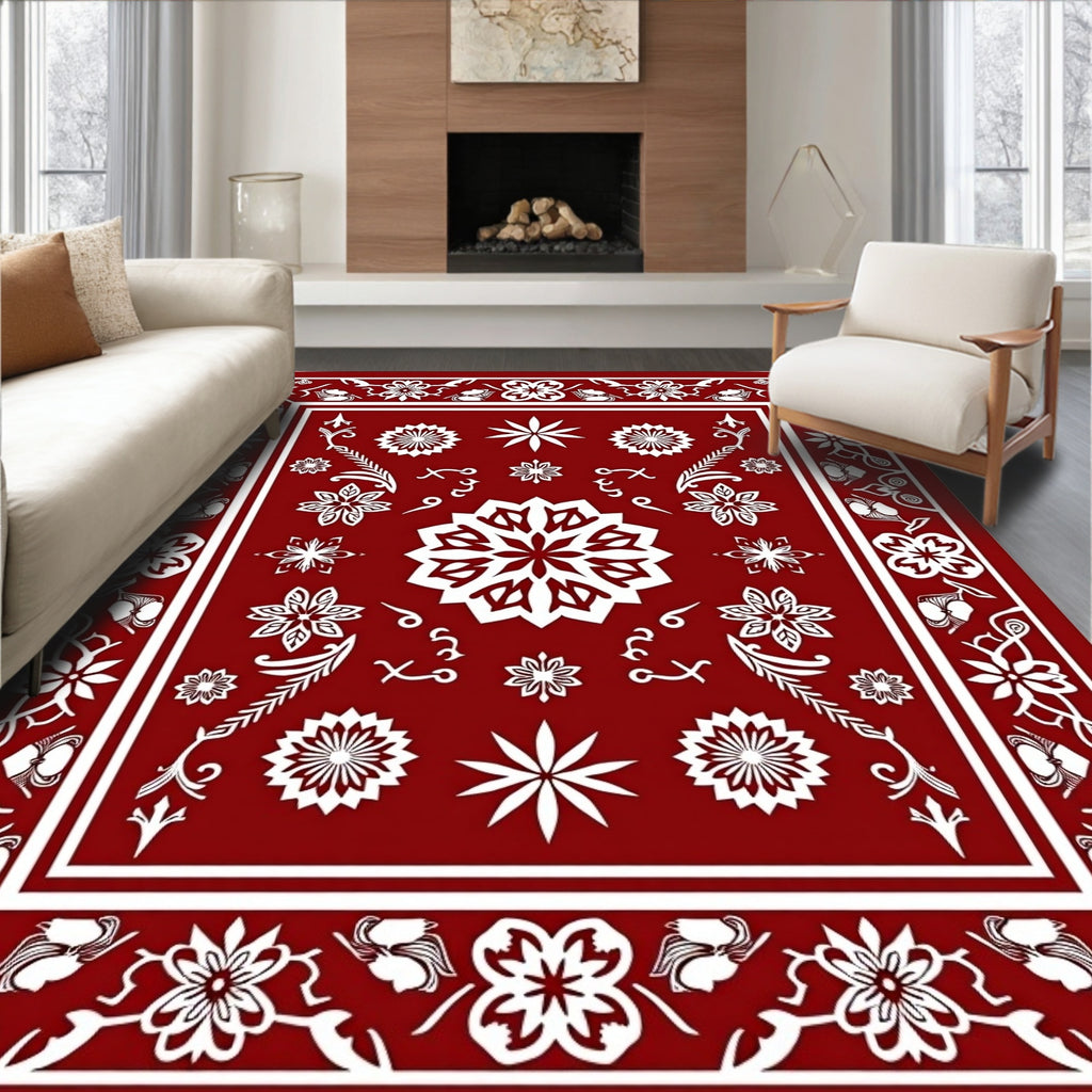 Deep Red White Floral Medallion Border Rug
