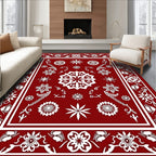 Deep Red White Floral Medallion Border Rug