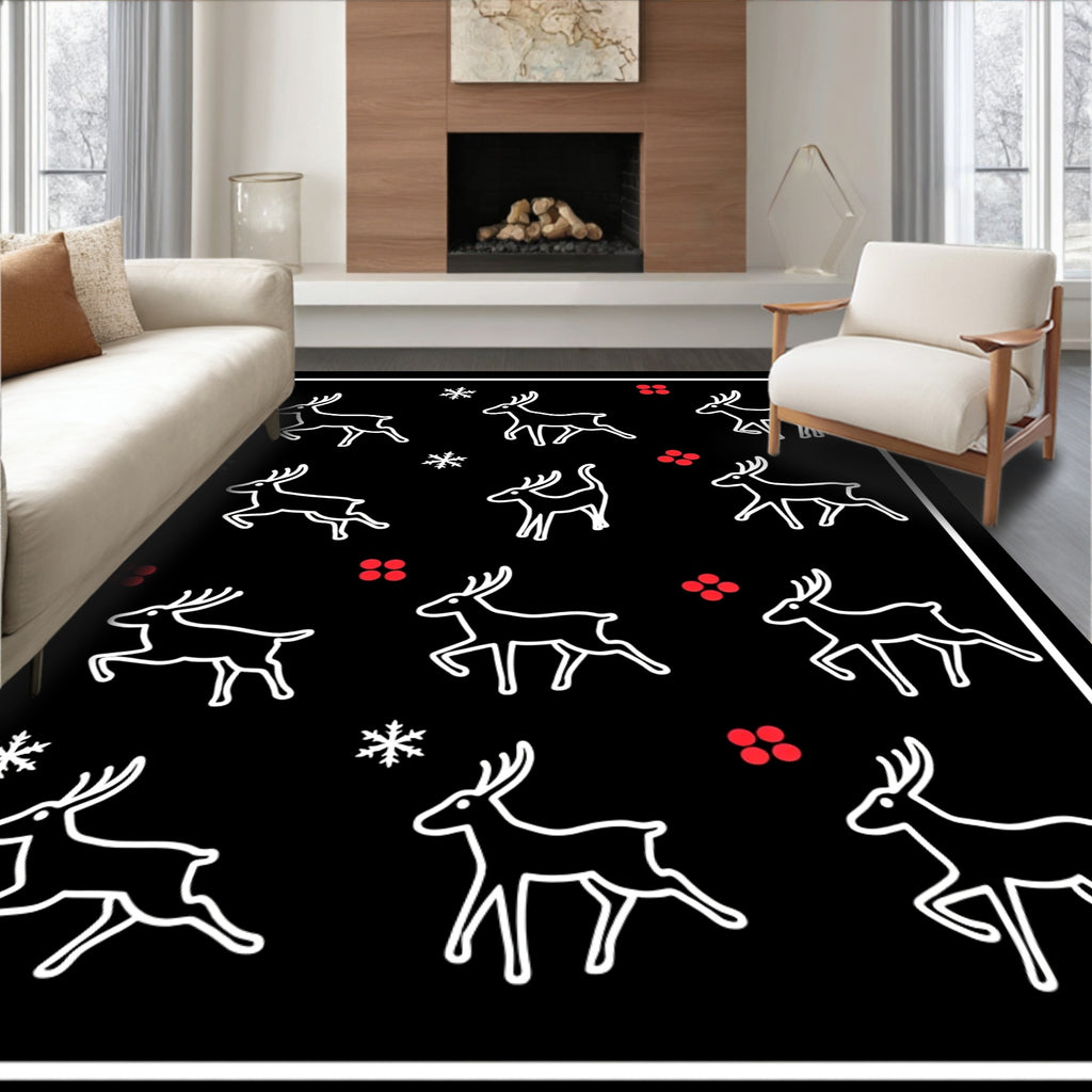 Classic White Reindeer Snowflakes Red Dots Rug