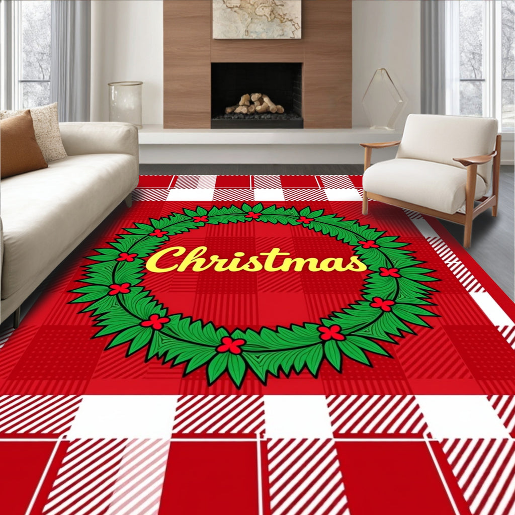 Red Gingham Christmas Wreath Rug