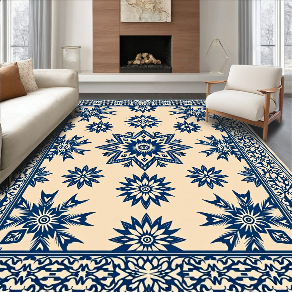 Navy Blue Floral Medallion Border Runner Rug