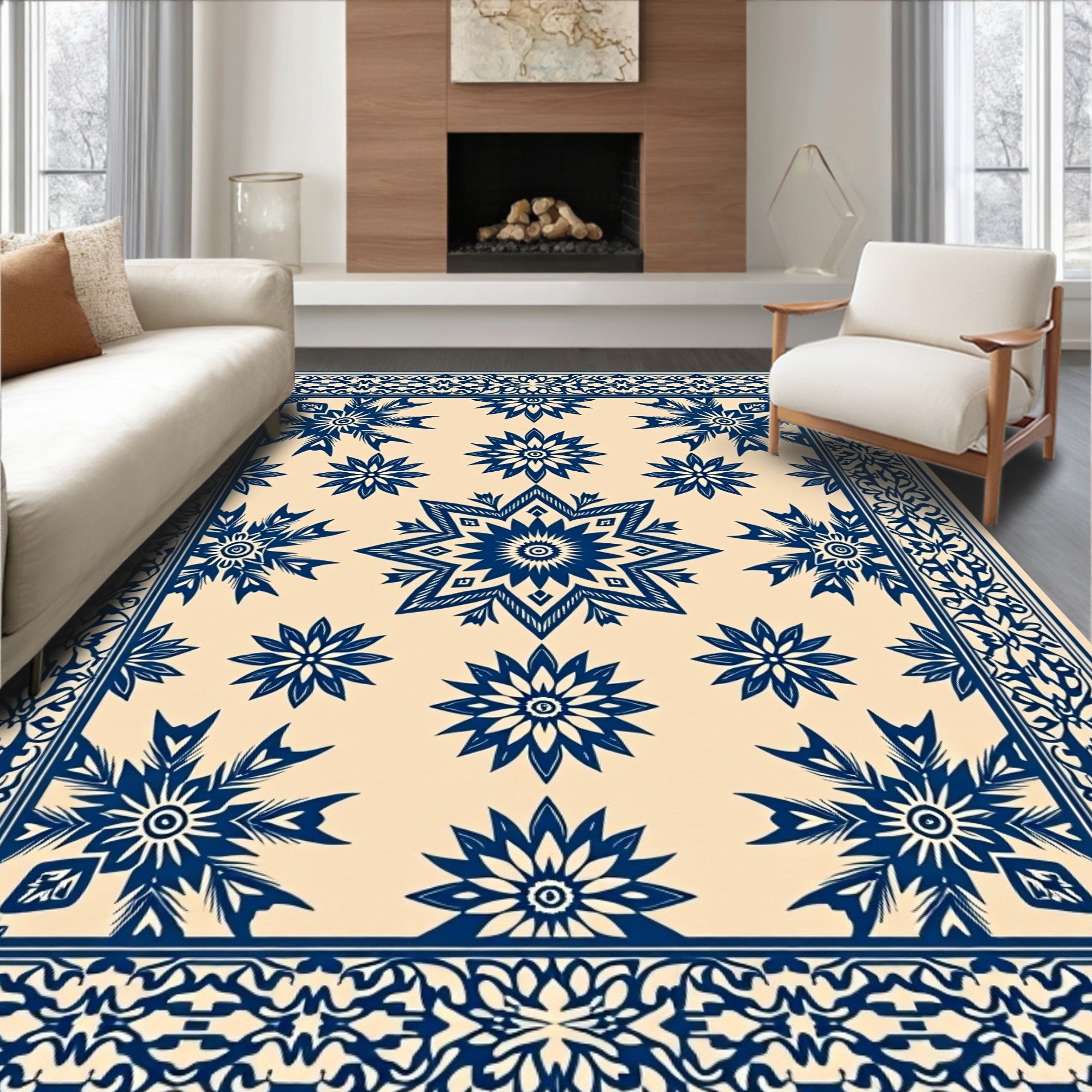 Navy Blue Floral Medallion Border Runner Rug