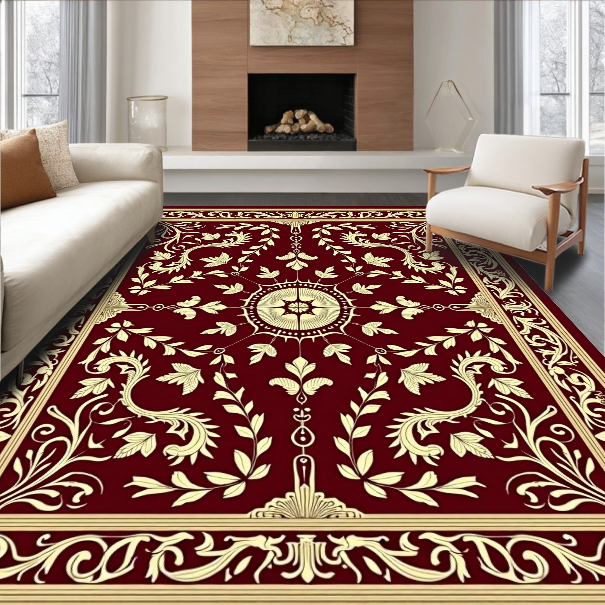 Regal Burgundy Gold Floral Medallion Rug