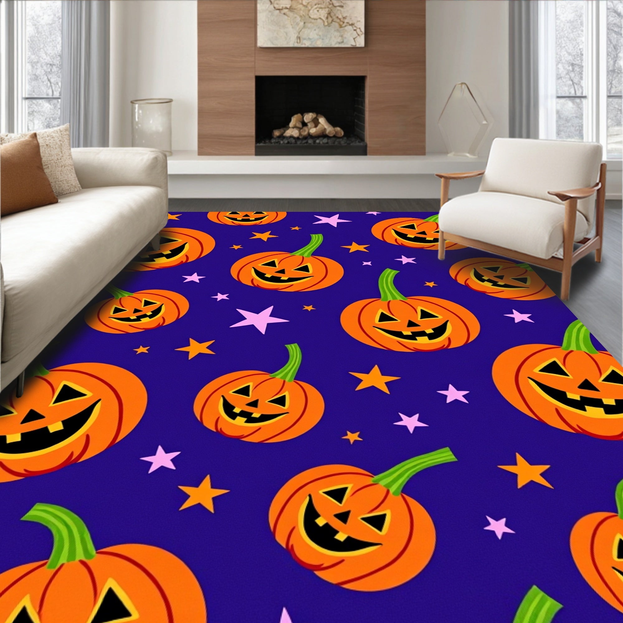 Happy Orange Pumpkin Stars Background Rug