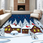 Red Cardinals Winter Snow Cabins Rug