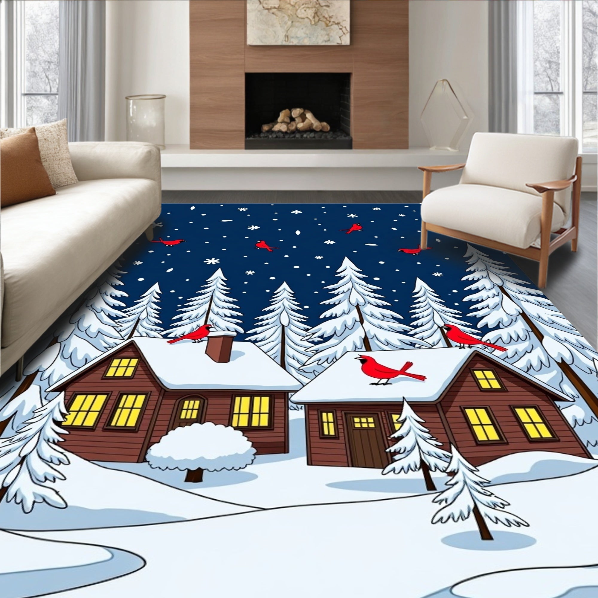 Red Cardinals Winter Snow Cabins Rug