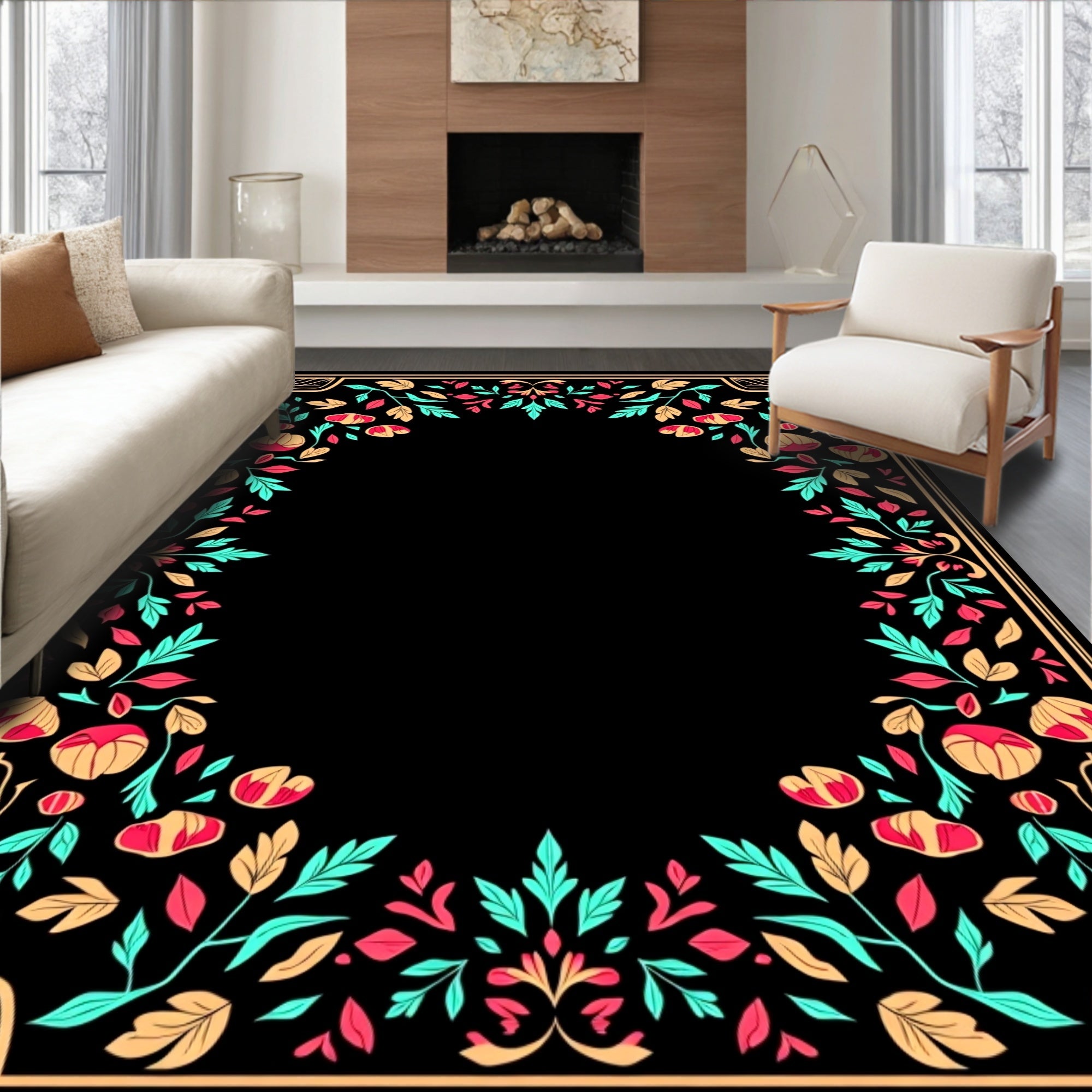 Coral Teal Gold Floral Frame Rug