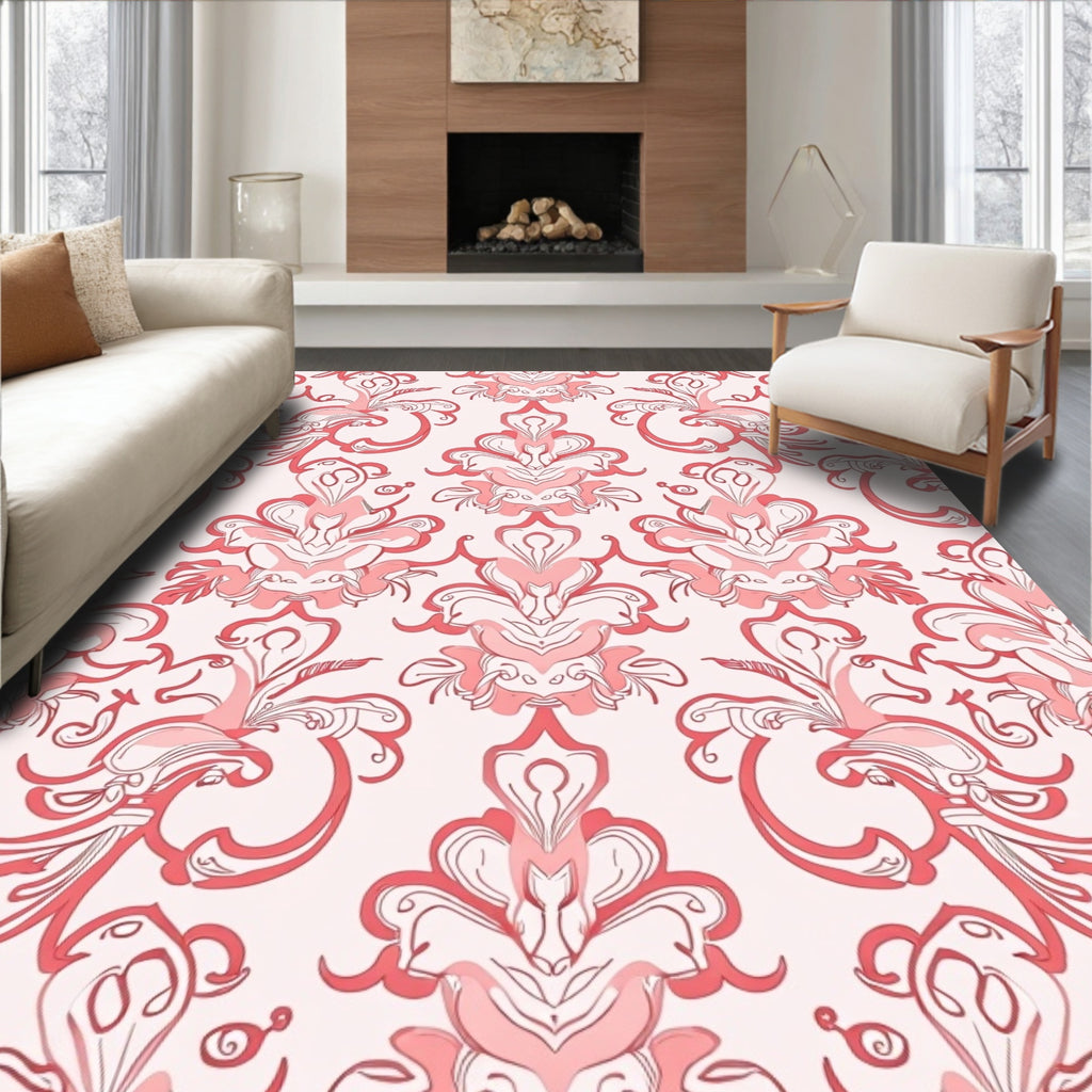 Coral Pink Abstract Floral Scroll Rug
