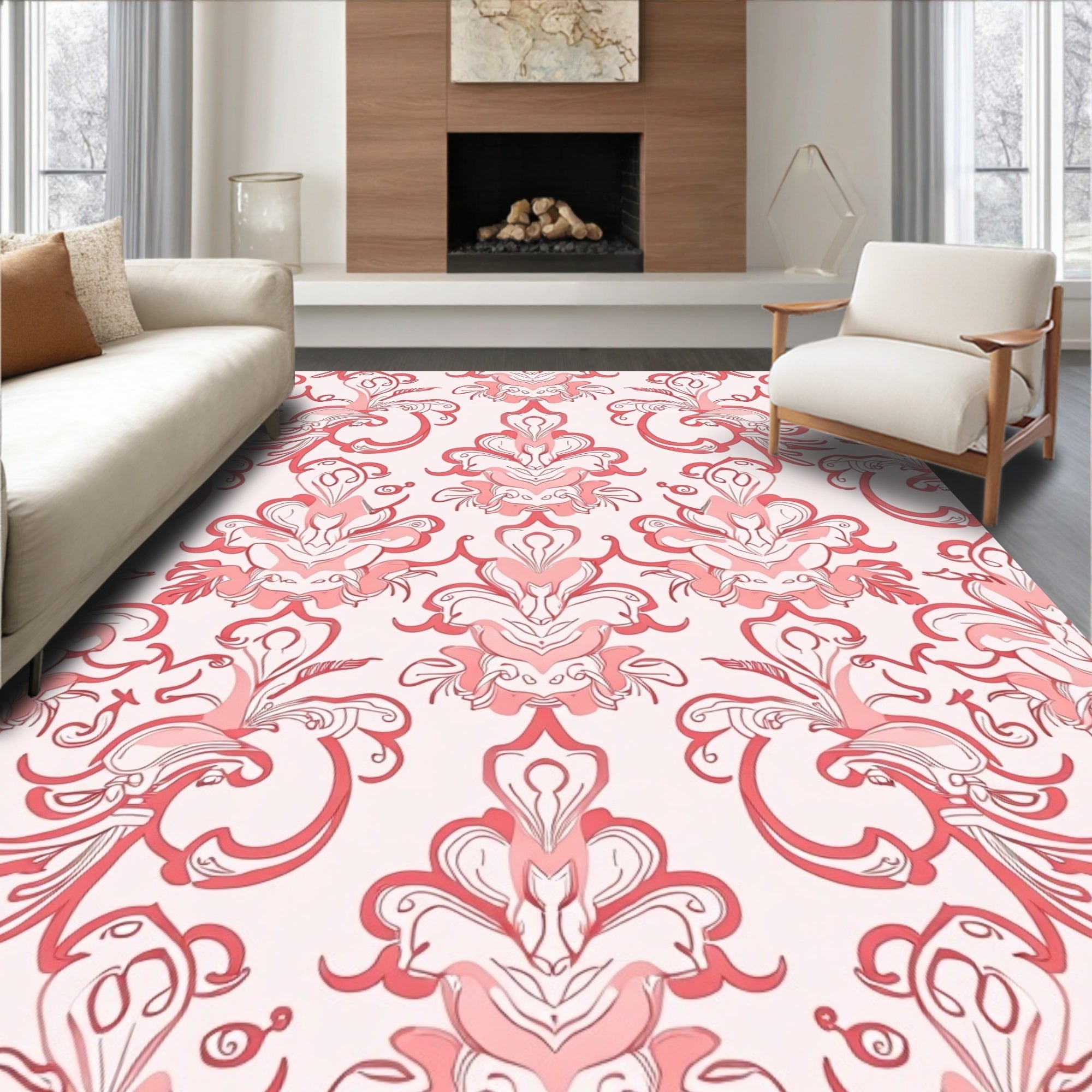 Coral Pink Abstract Floral Scroll Rug