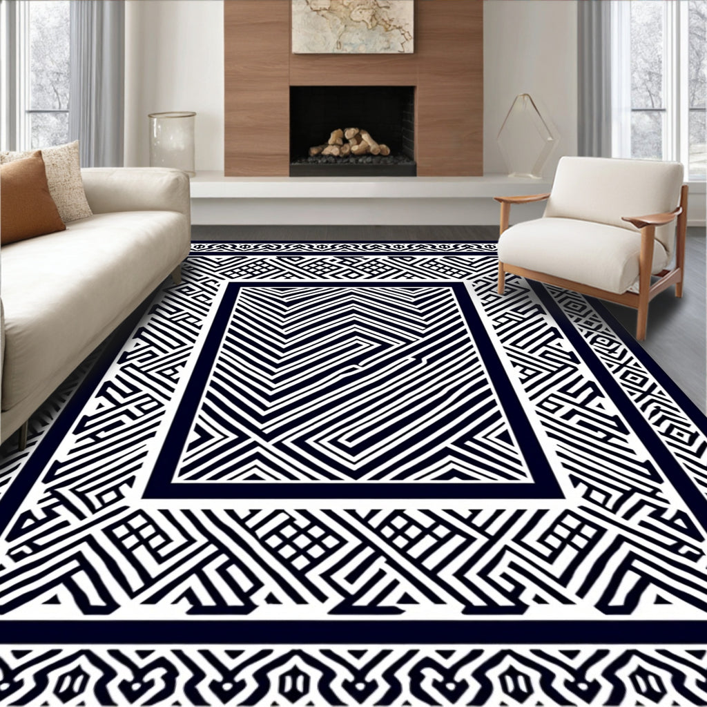 Bold Navy Geometric Labyrinth Border Rug