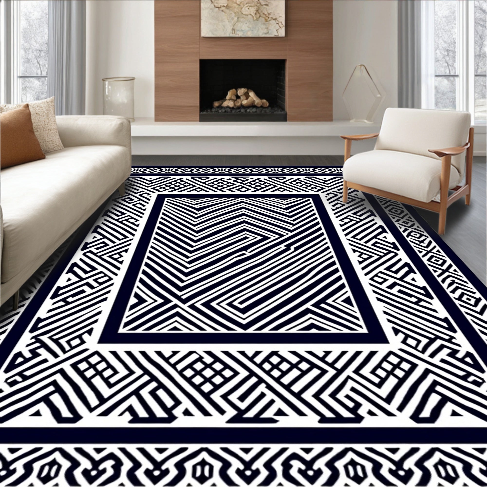 Bold Navy Geometric Labyrinth Border Rug