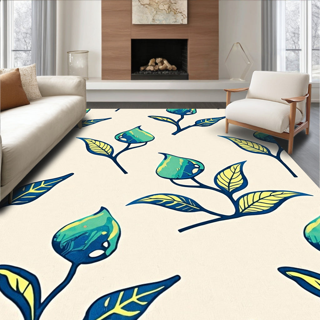 Teal Blue Floral Botanical Branch Rug