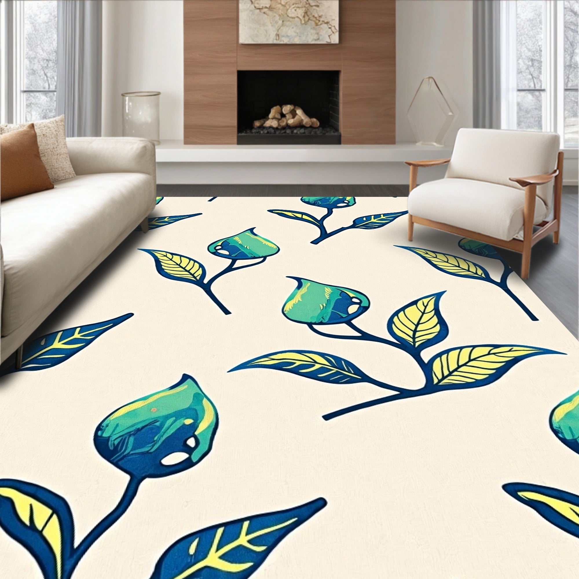 Teal Blue Floral Botanical Branch Rug