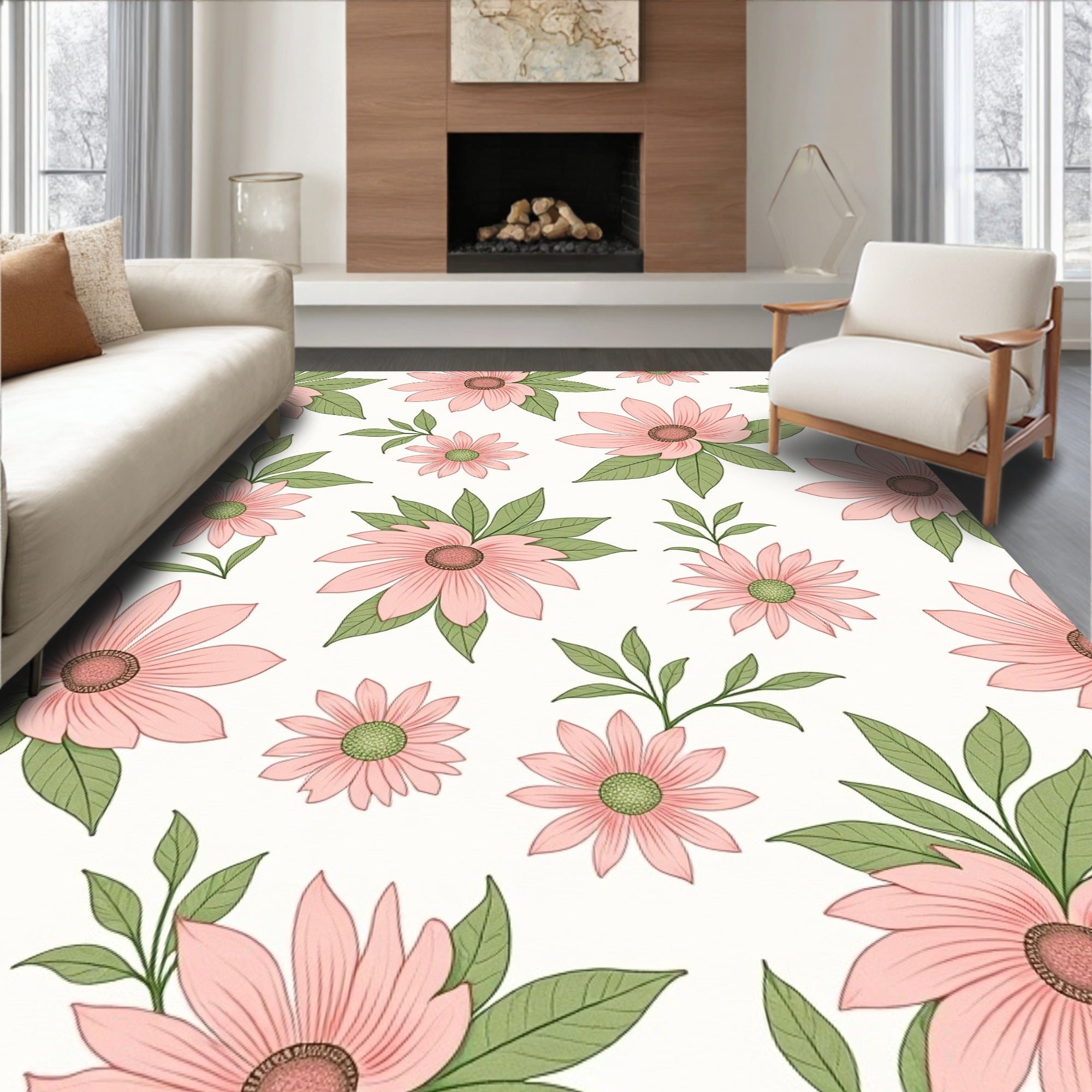 Pink Flower Garden Illustration Rug