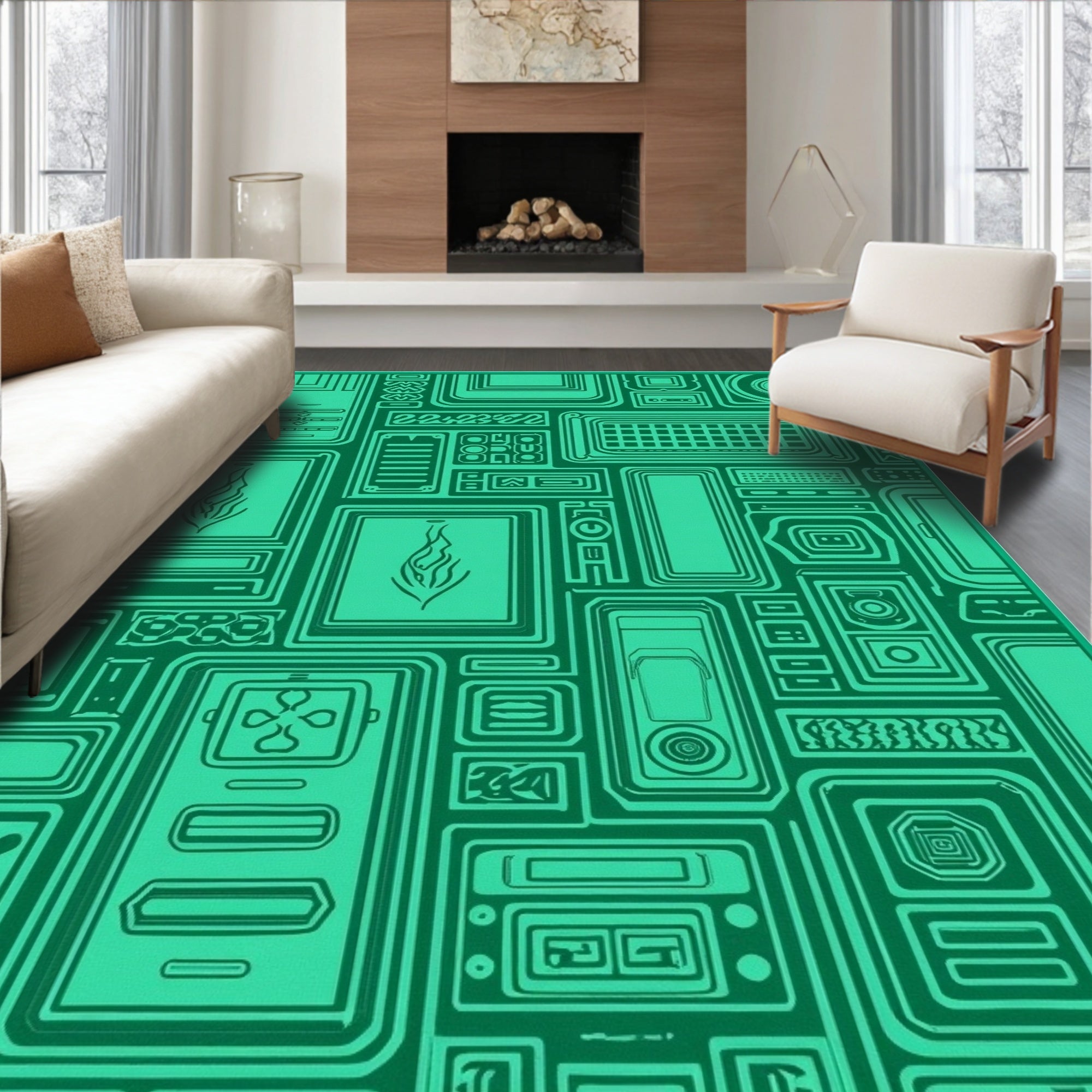 Futuristic Circuit Board Emerald Rug