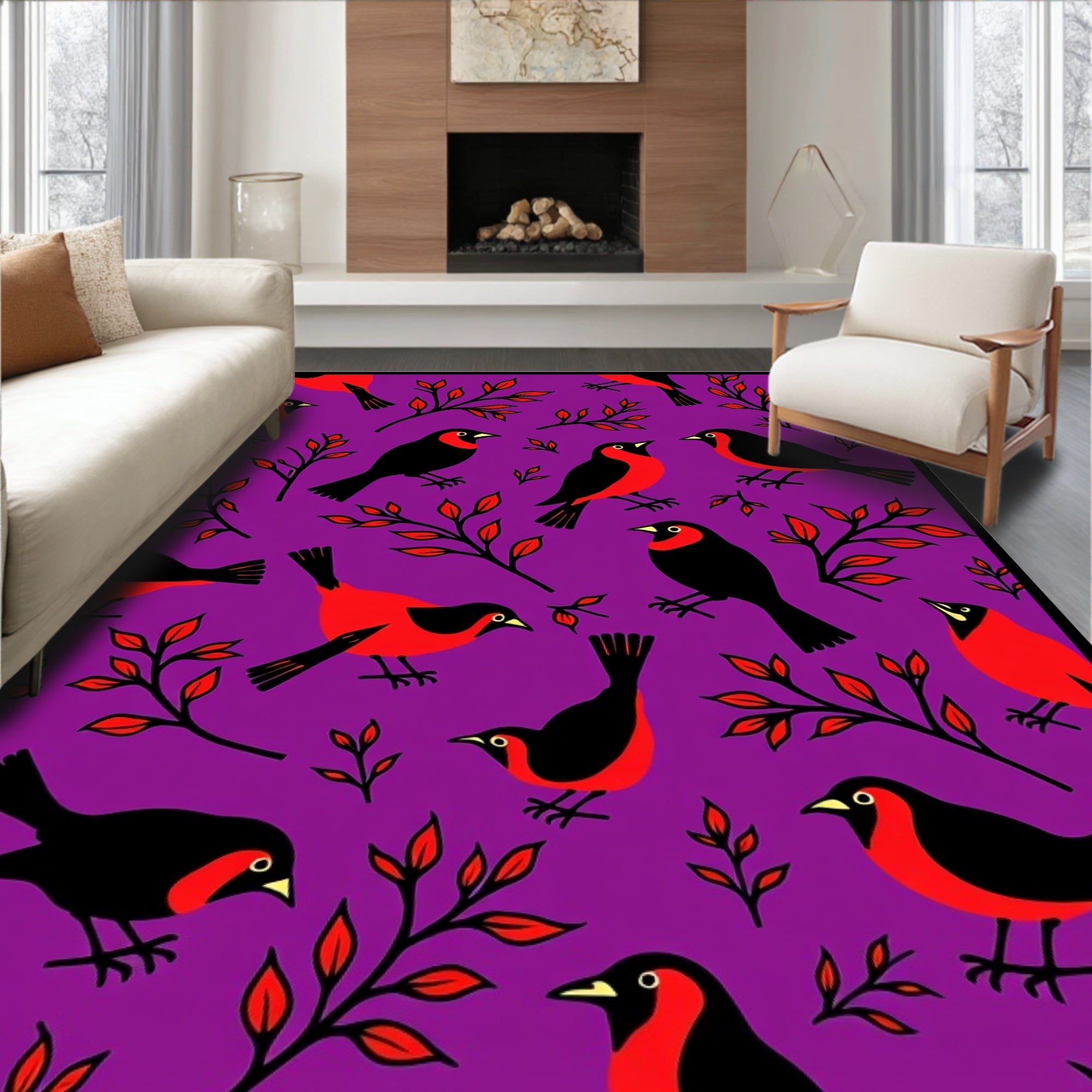 Purple Black Red Bird Foliage Scatter Rug