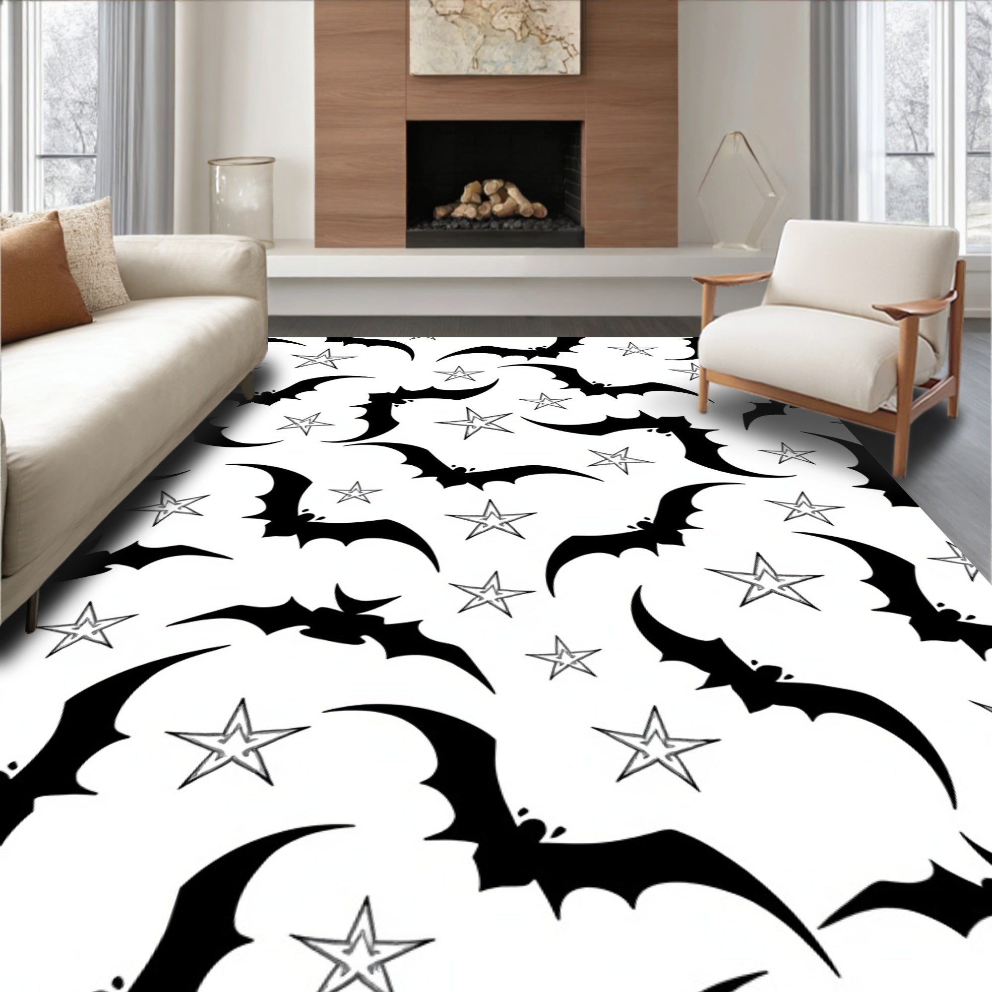 Black Bat Star Night Scene Rug