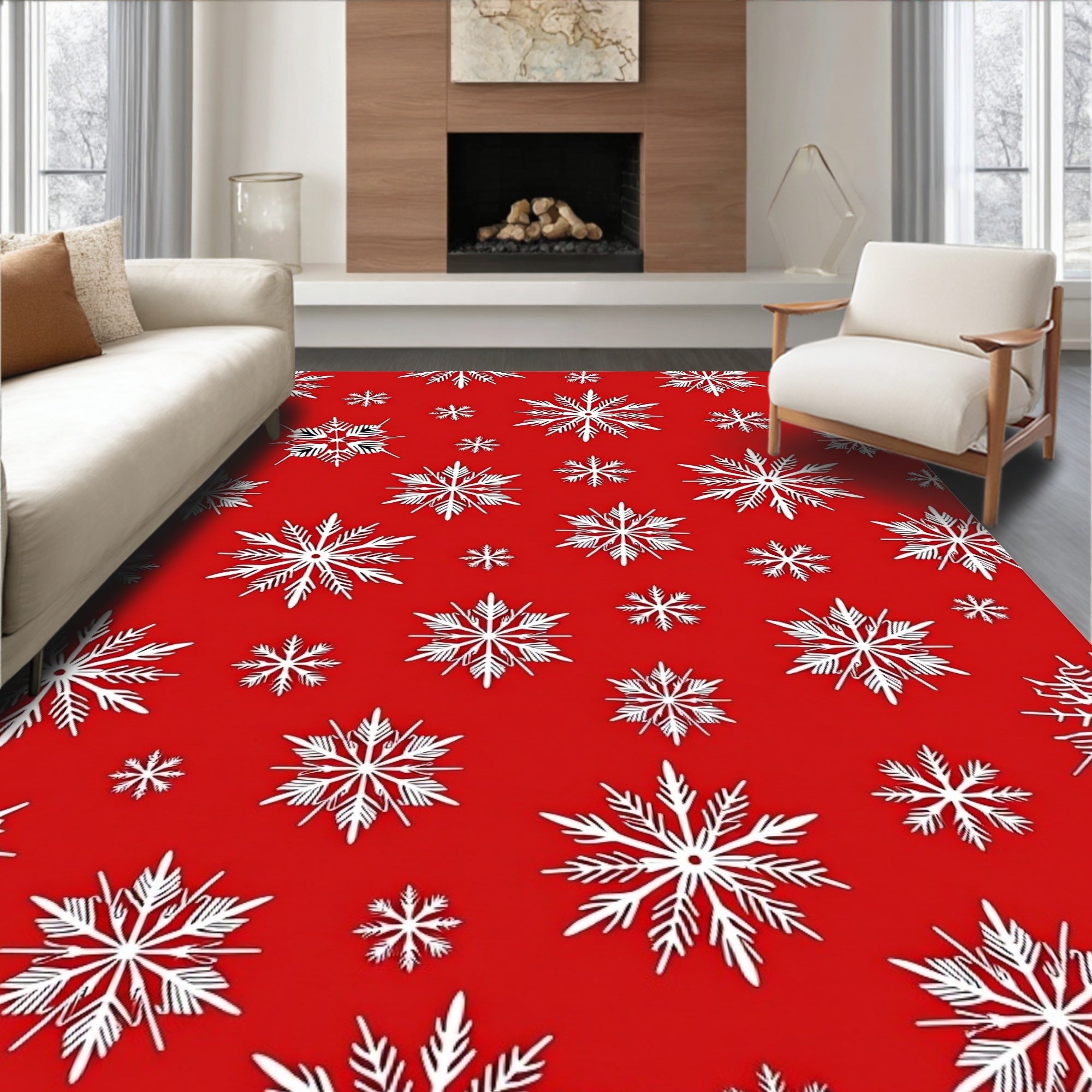White Snowflakes Red Holiday Rug